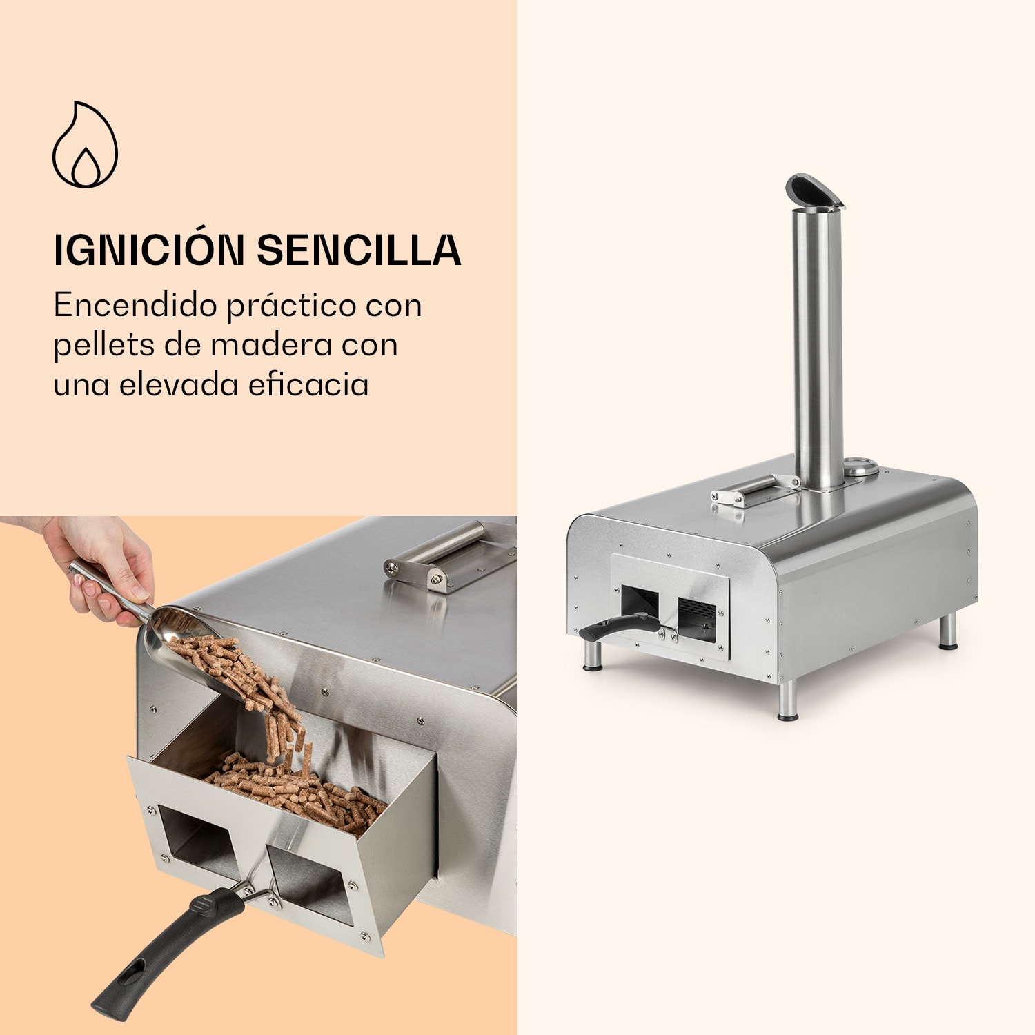 Horno de pellets para pizza Diavolo, incl. piedra para pizza, termómetro, acero inox. Plata Metálica