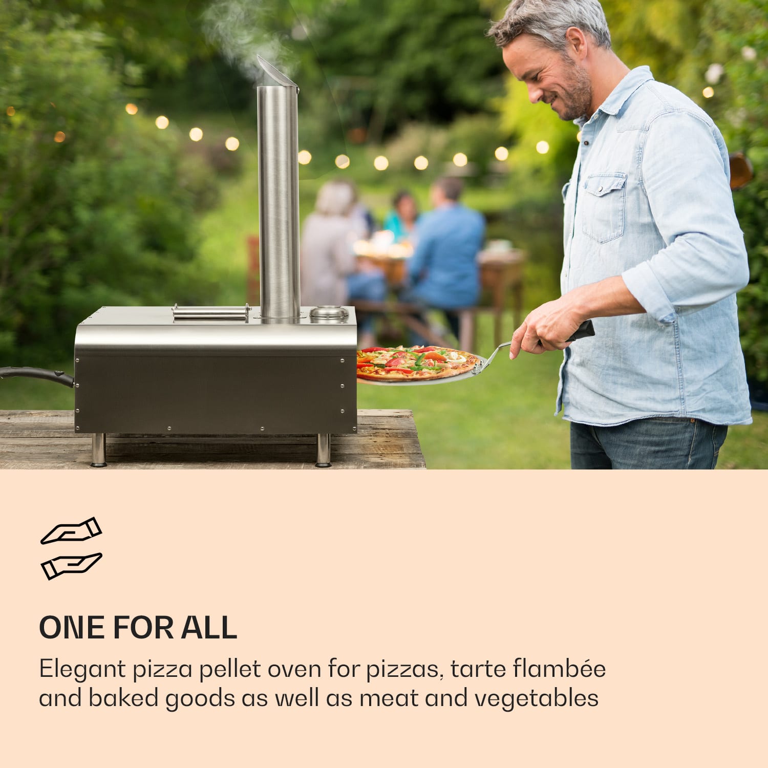 Diavolo, peć za pizzu na pelete, uključujući pizza kamen, termometar, nehrđajući čelik Srebrna metalik