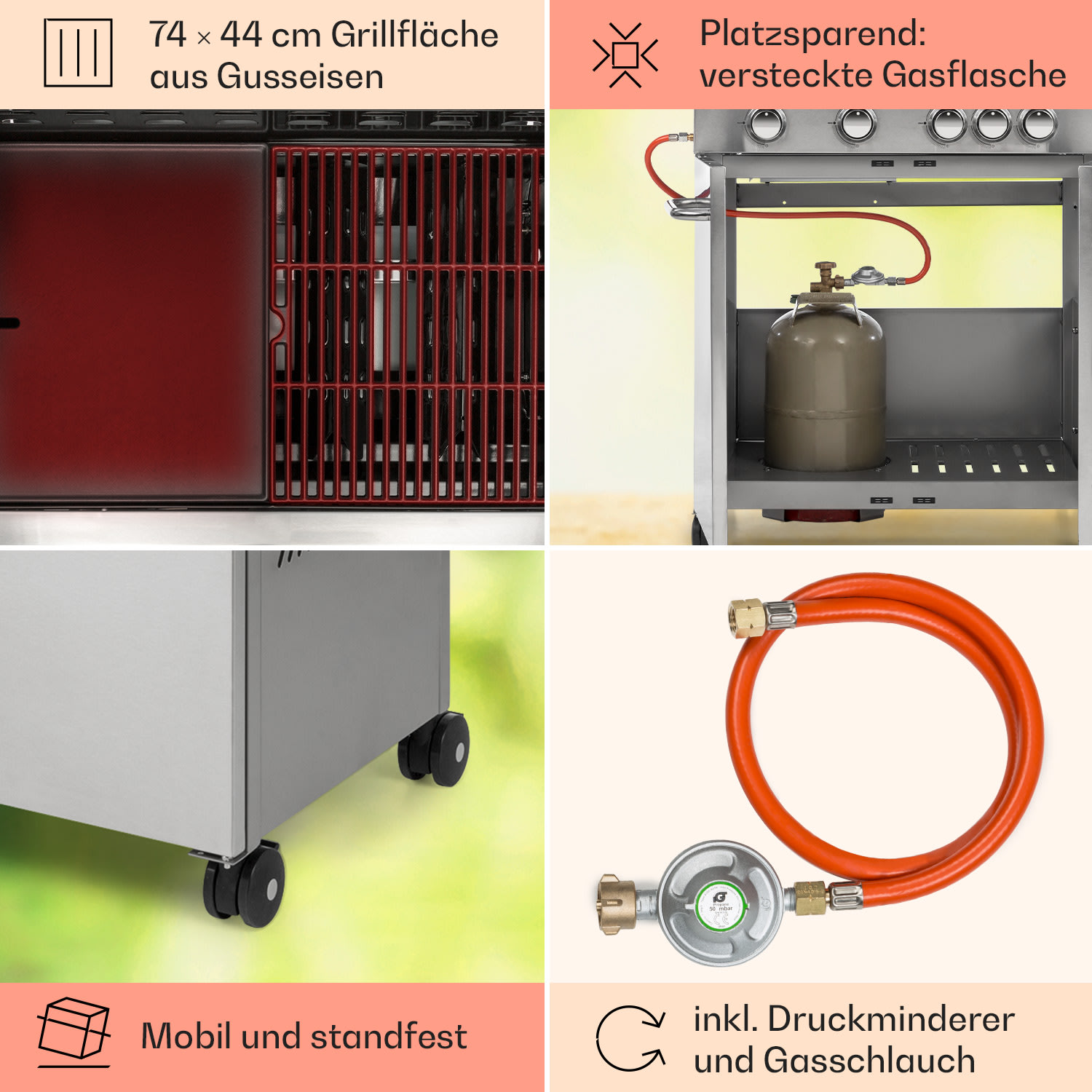 Valkyrie Barbecue à gaz Brûleur 4x3,5 kW + 3,15 kW 74 x 44 cm grill hublot inox 5 brûleurs