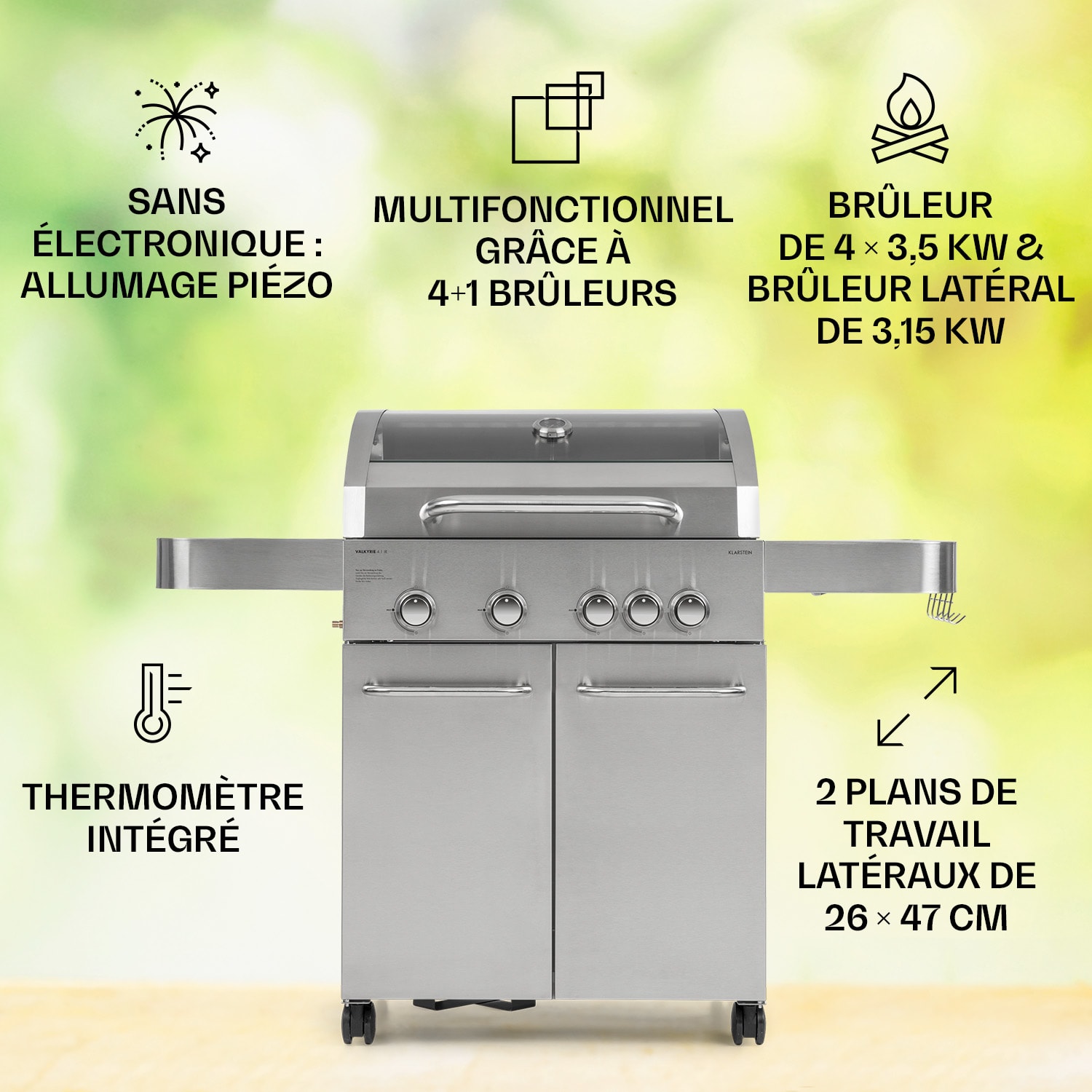 Valkyrie gasbarbecue 4 x 3,5 kW + 3,15 kW brander 74 x 44 cm grill kijkvenster rvs 