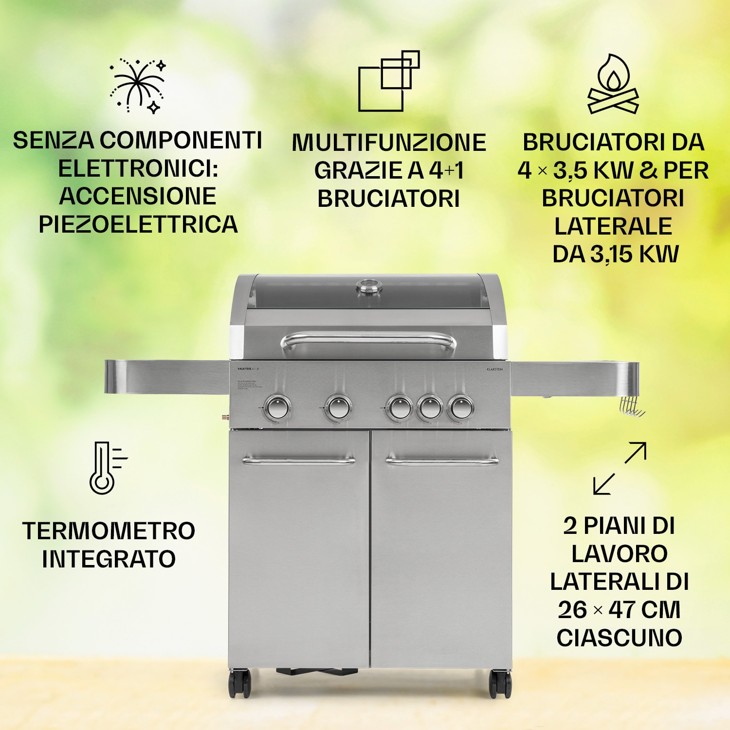 Valkyrie - Griglia a gas, 4 bruciatori da 3,5 kW + 1 bruciatore da 3,15 kW, 74 x 44 cm, finestra, acciaio inox 5 bruciatori