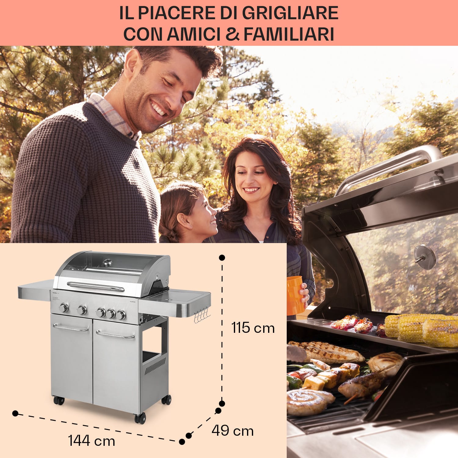 Valkyrie - Griglia a gas, 4 bruciatori da 3,5 kW + 1 bruciatore da 3,15 kW, 74 x 44 cm, finestra, acciaio inox 5 bruciatori