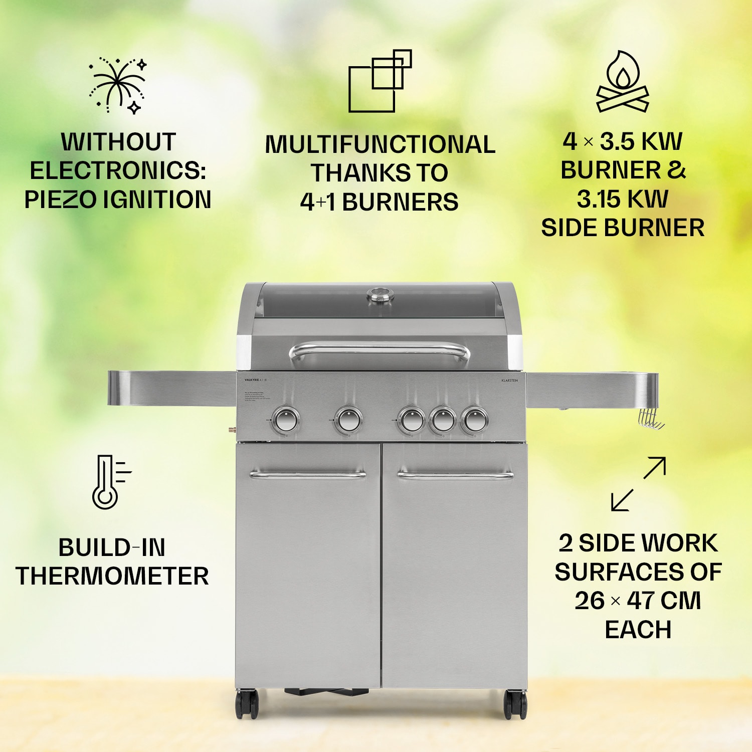 Valkyrie-kaasugrilli 4 x 3,5 kW + 3,15 kW poltin 74 x 44 cm grilli ikkuna ruostumaton teräs 