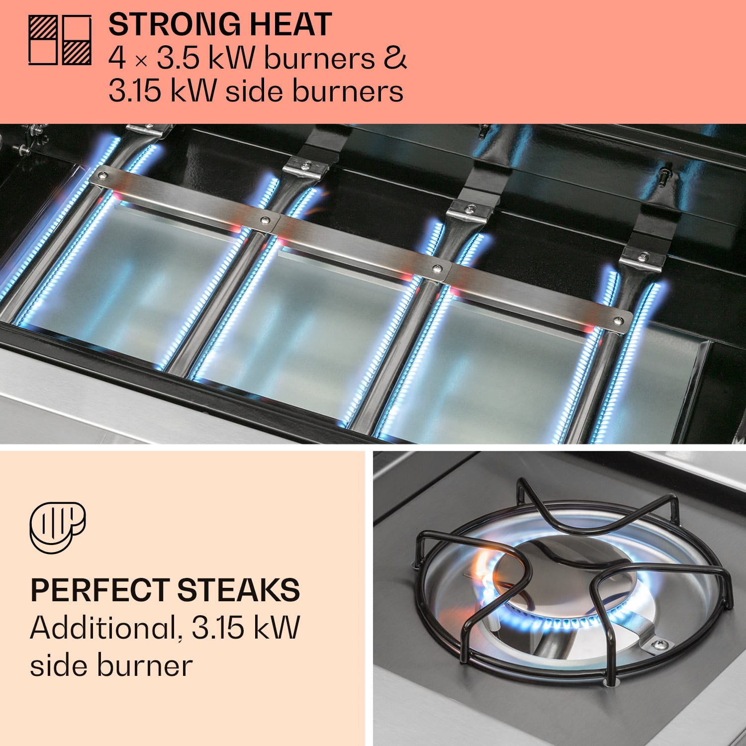 Valkyrie-kaasugrilli 4 x 3,5 kW + 3,15 kW poltin 74 x 44 cm grilli ikkuna ruostumaton teräs 