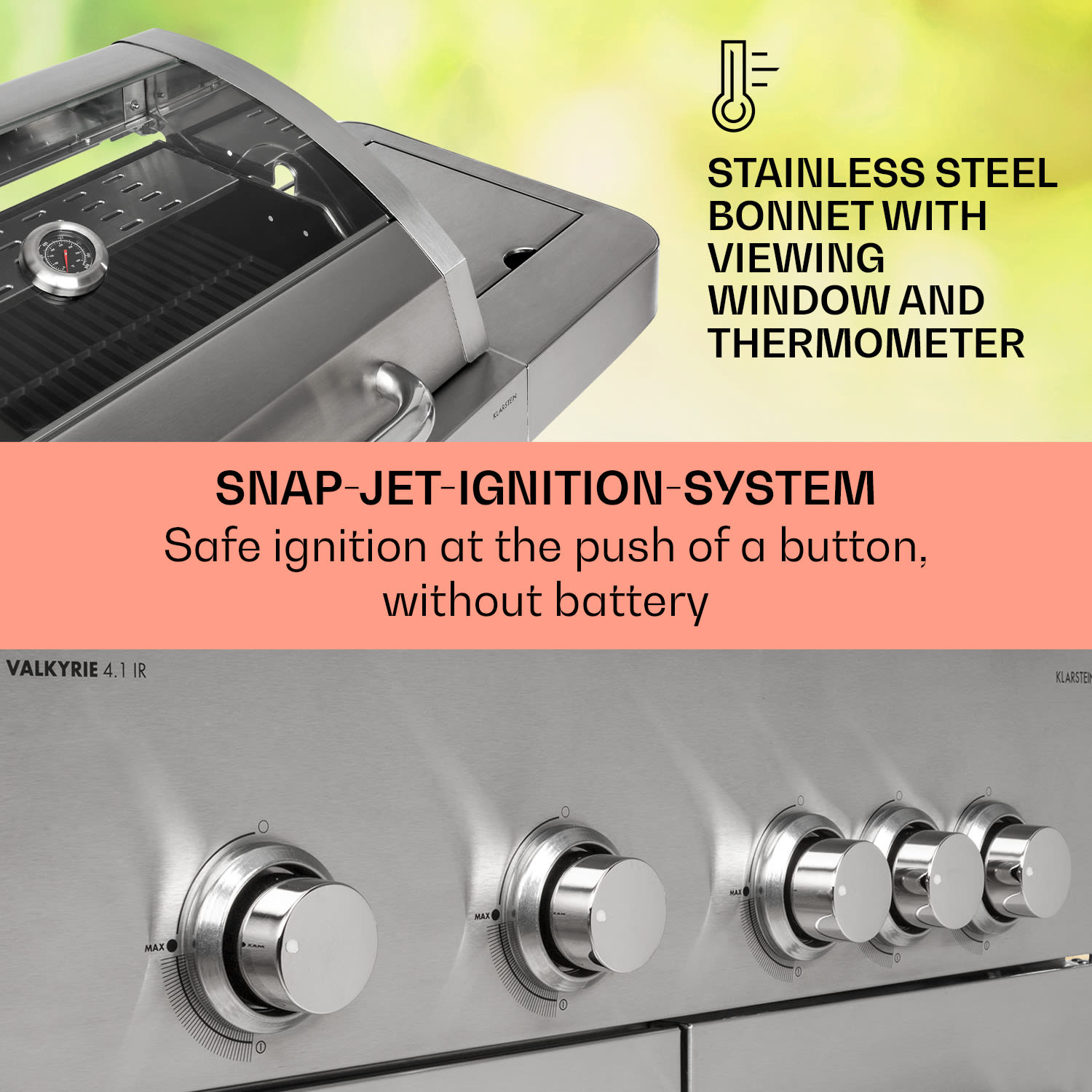 Valkyrie-kaasugrilli 4 x 3,5 kW + 3,15 kW poltin 74 x 44 cm grilli ikkuna ruostumaton teräs 