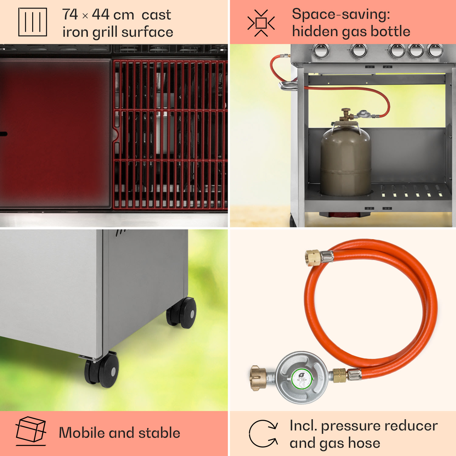 Valkyrie-kaasugrilli 4 x 3,5 kW + 3,15 kW poltin 74 x 44 cm grilli ikkuna ruostumaton teräs 