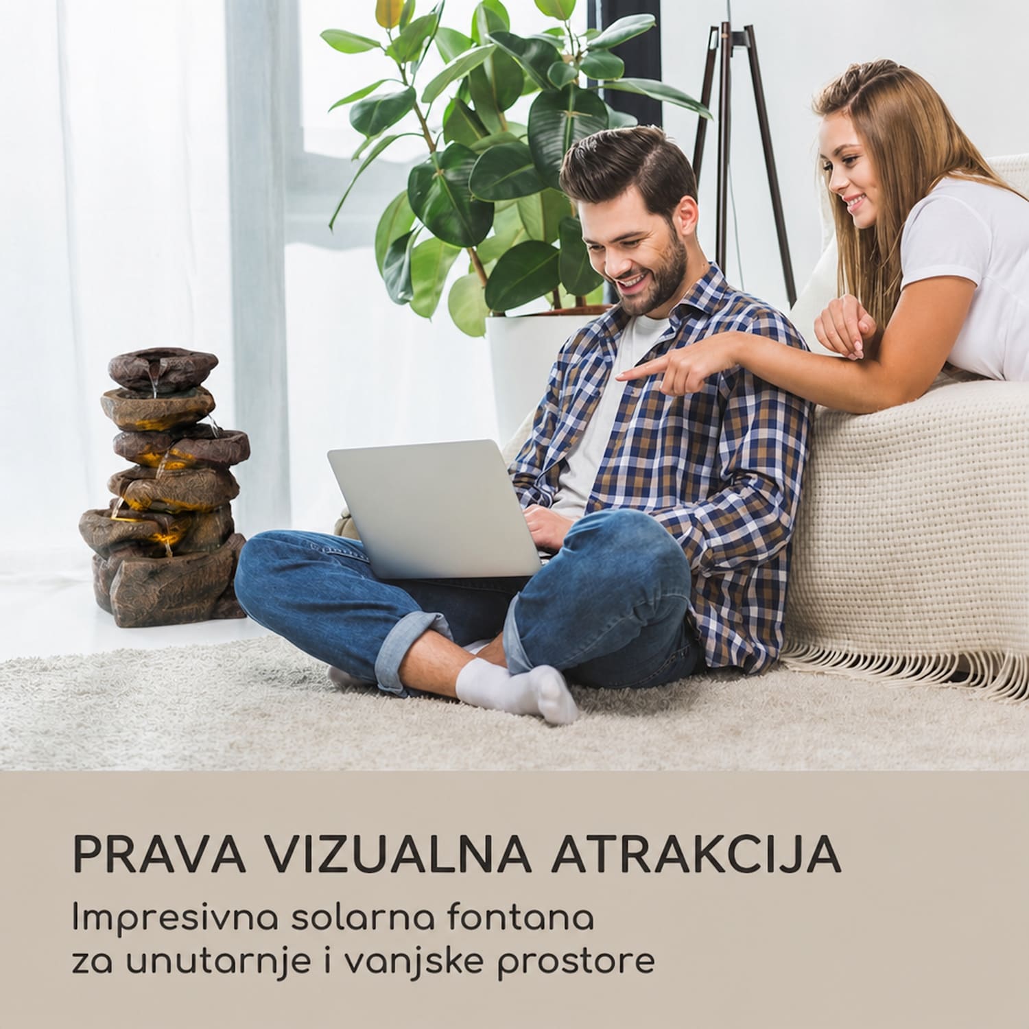 Savona, solarna fontana, 2,8 W, poliresin, 5 sati, baterija, LED rasvjeta, izgled kamena 