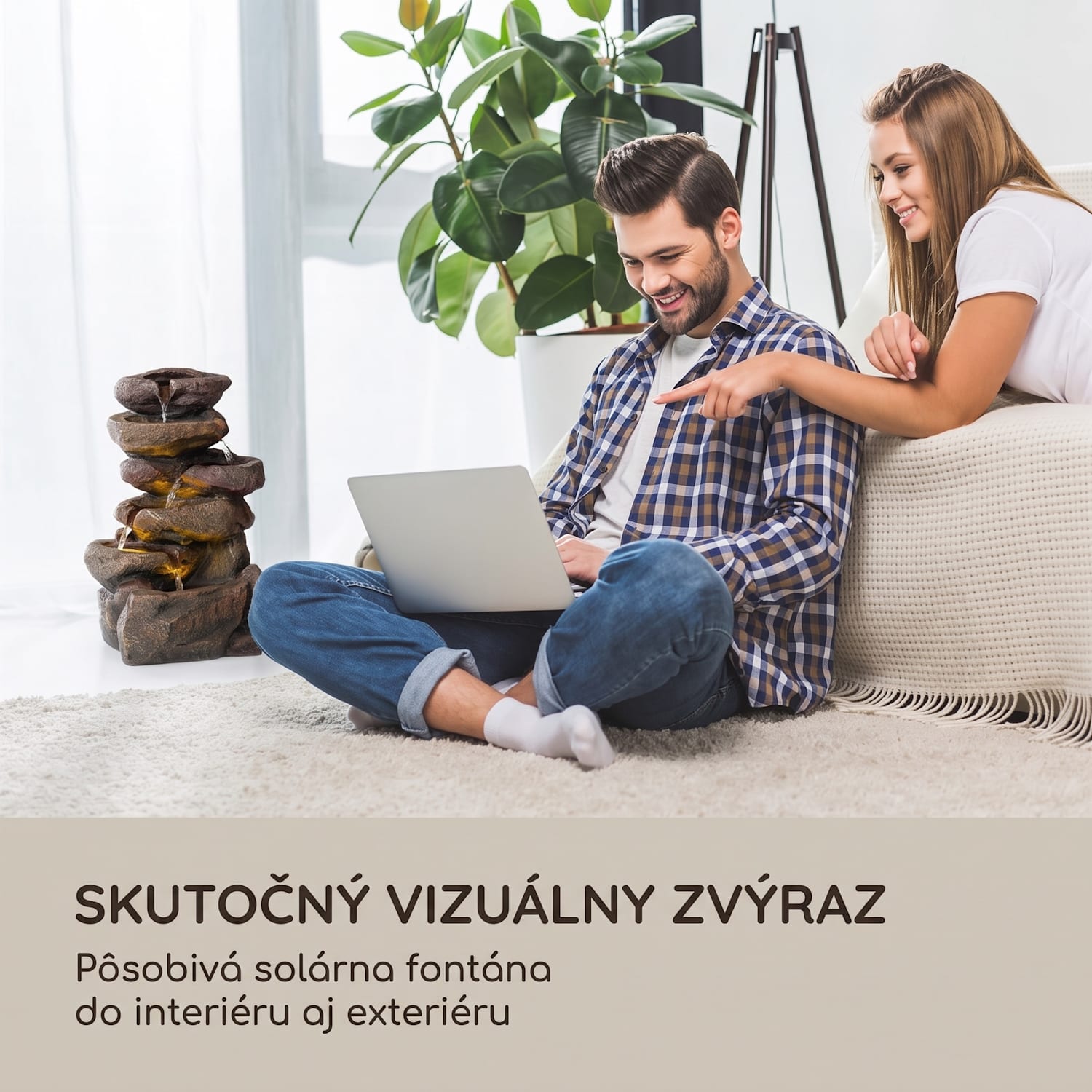 Savona, solárna fontána, 2,8 W, polyresin, 5 hod., akumulátor, LED osvetlenie, vzhľad kameňa 