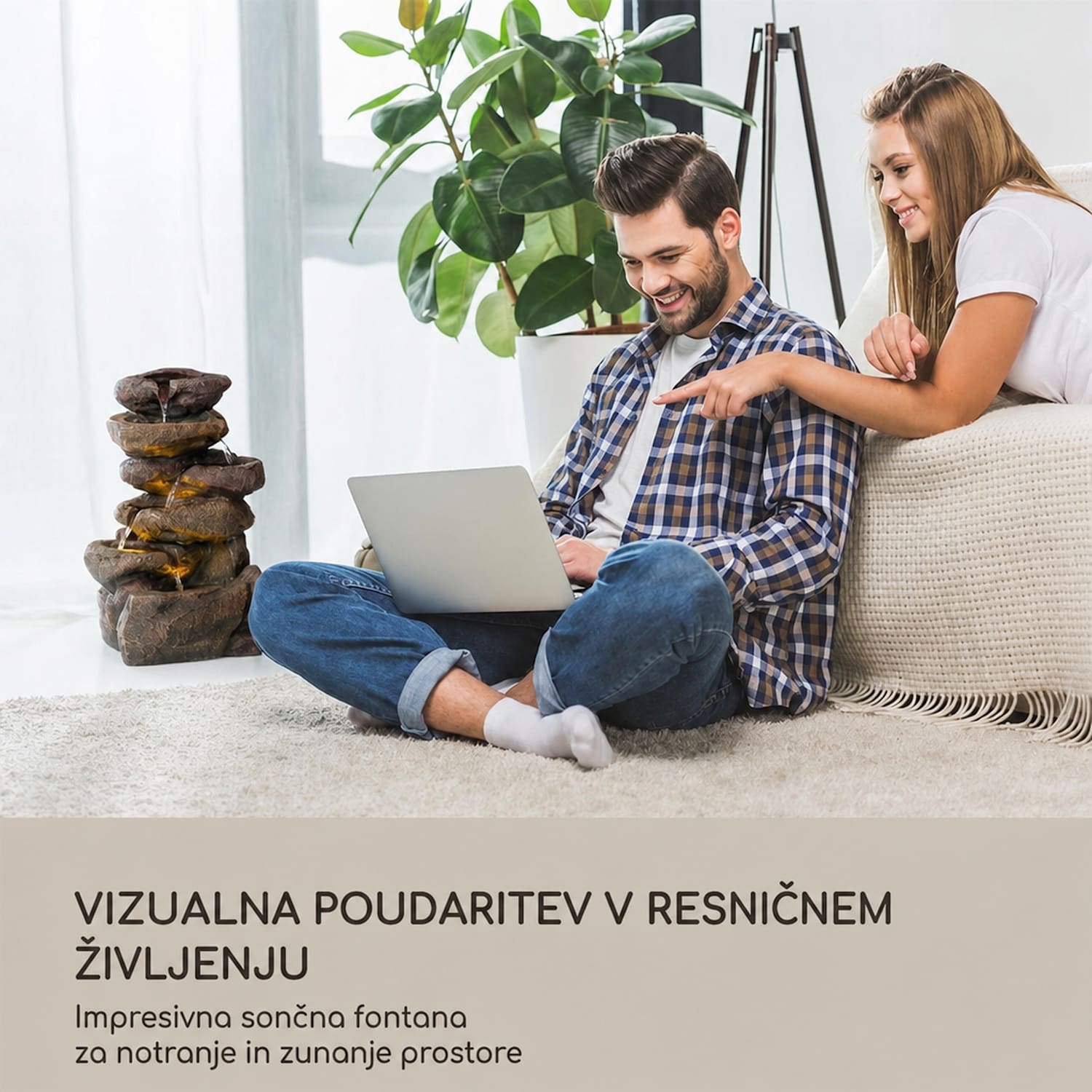 Savona, solarna fontana, 2,8 W, poliresin, 5 ur, akumulator, LED osvetlitev, videz kamna 