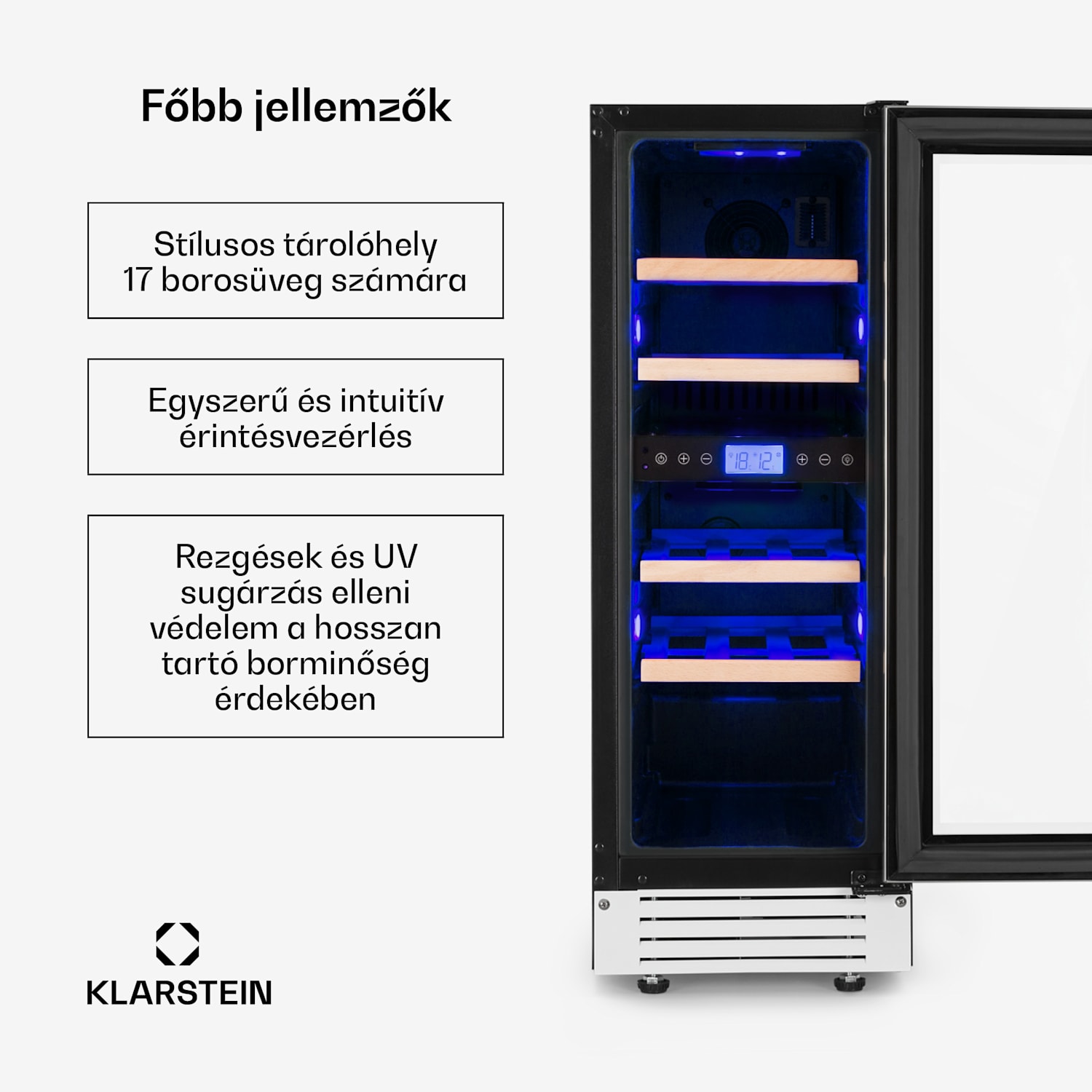 Vinovilla 17, kétzónás borhűtő, 53 liter, 17 palack, 3 színű LED világítás, fehér 17 palack | 2 hűtőzóna | Fehér üveg