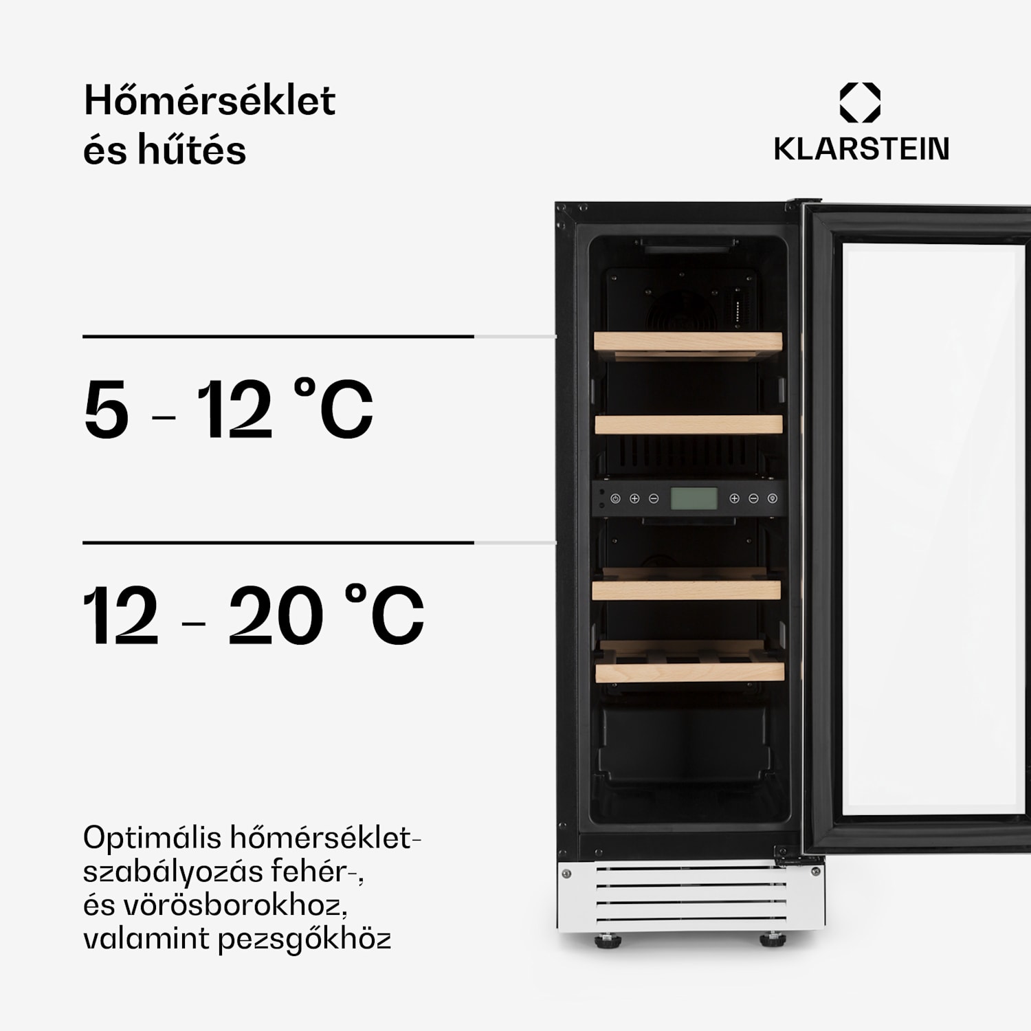 Vinovilla 17, kétzónás borhűtő, 53 liter, 17 palack, 3 színű LED világítás, fehér 17 palack | 2 hűtőzóna | Fehér üveg