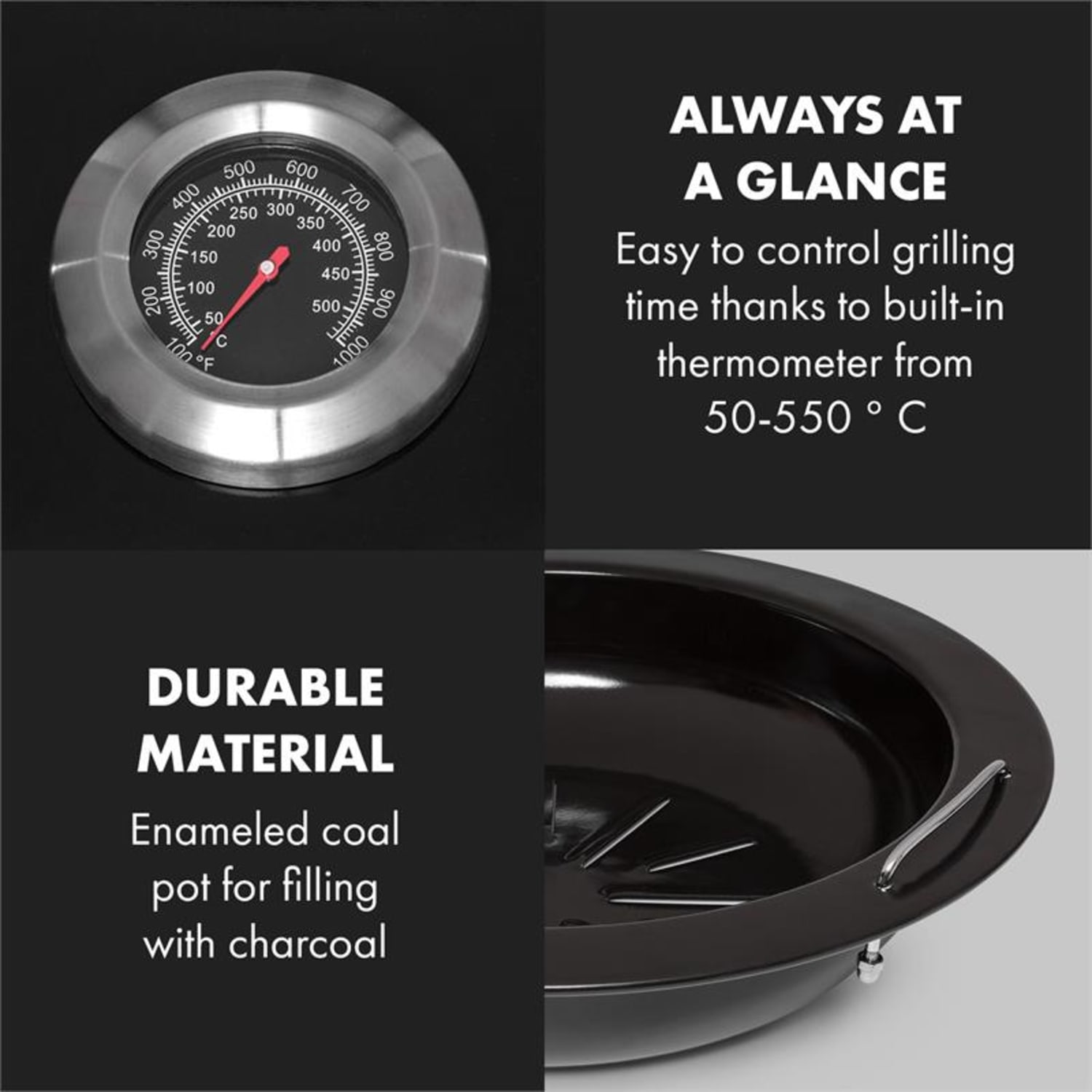 Beef Baron Parrilla esférica con termémetro de ventilación ruedines color negro 