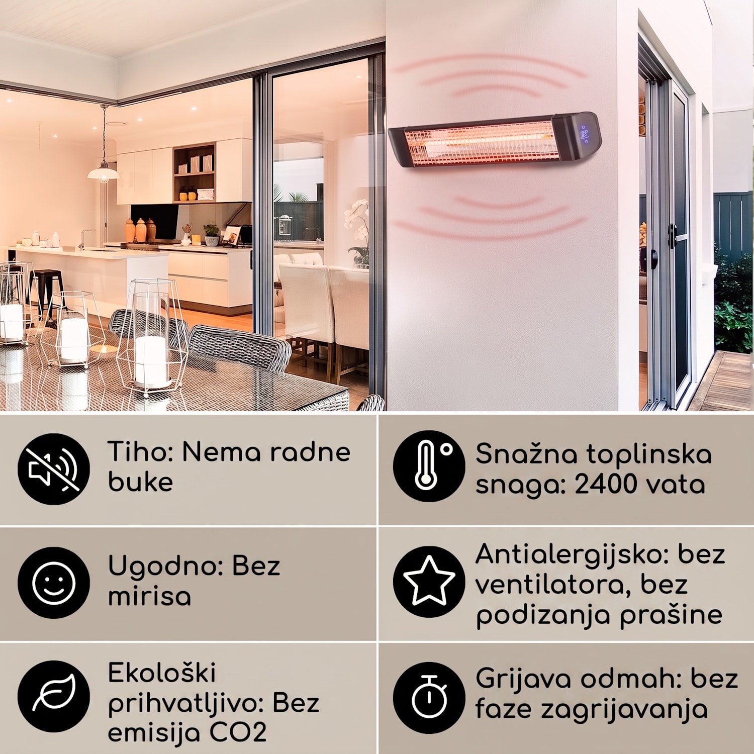 Smartwave, infracrveni grijač, karbonska cijev, 2400 W, WiFi, kontrola aplikacija, crna Crna