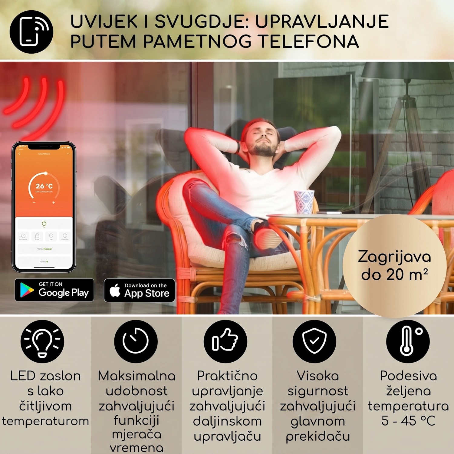 Smartwave, infracrveni grijač, karbonska cijev, 2400 W, WiFi, kontrola aplikacija, crna Crna