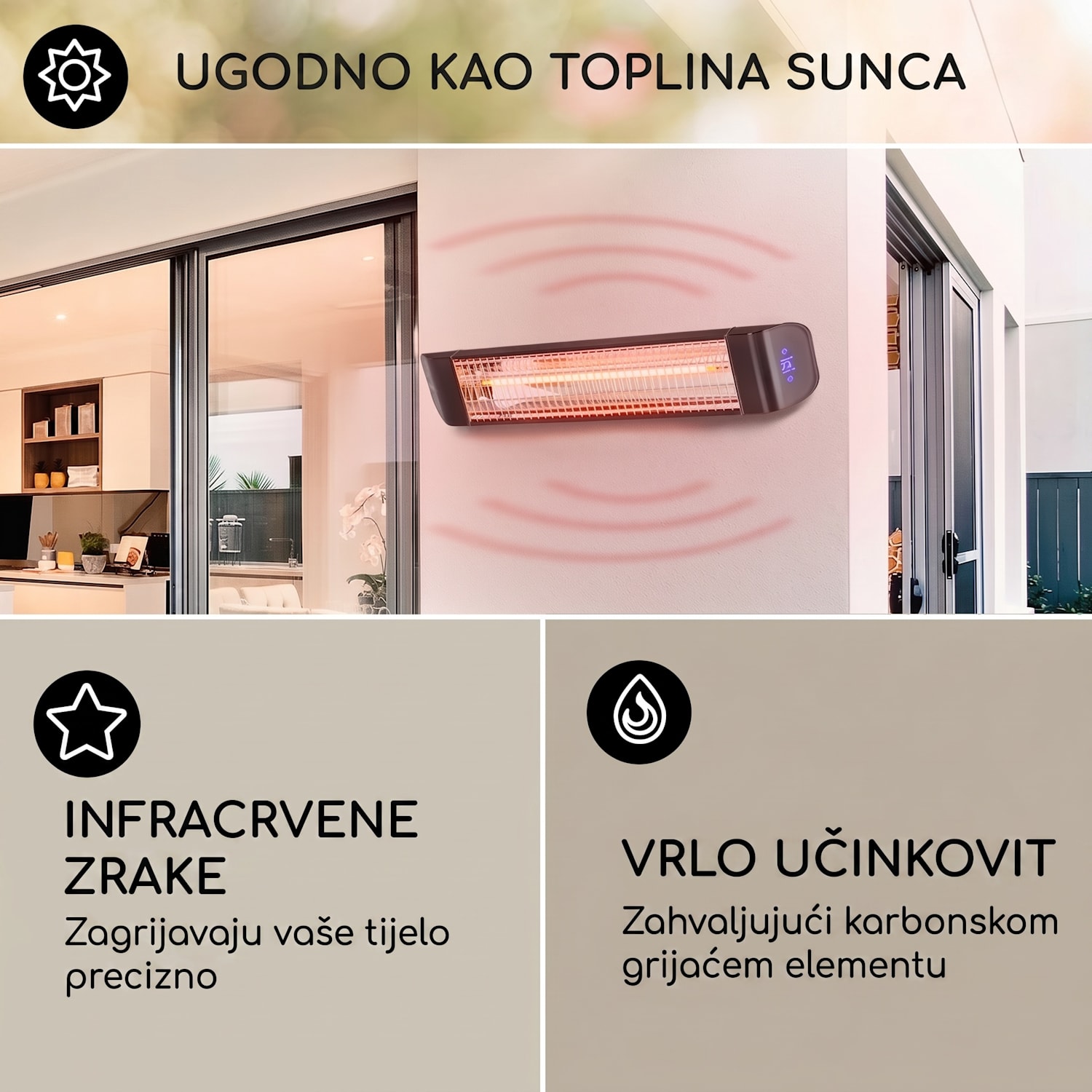 Smartwave, infracrveni grijač, karbonska cijev, 2400 W, WiFi, kontrola aplikacija, crna Crna