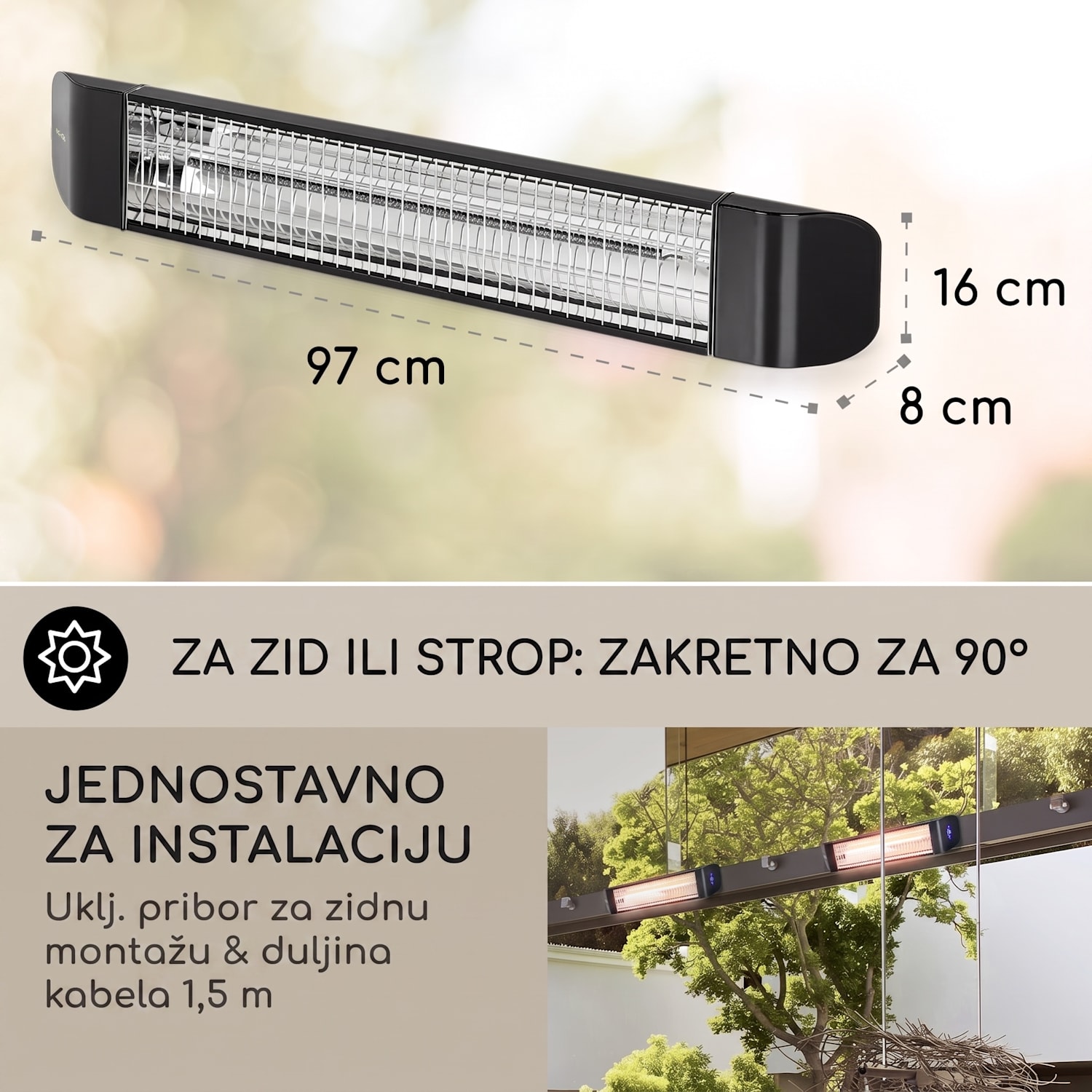Smartwave, infracrveni grijač, karbonska cijev, 2400 W, WiFi, kontrola aplikacija, crna Crna