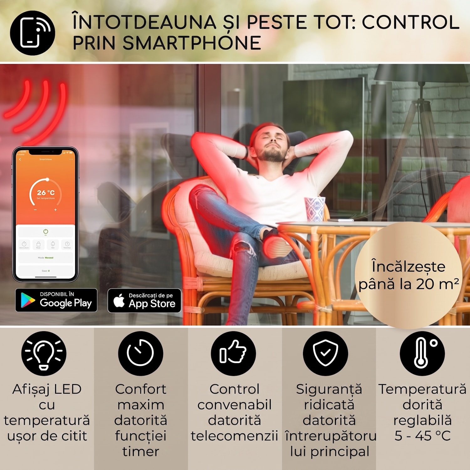 Smartwave, încălzitor cu infraroșu, tub de carbon, 2400 W, WiFi, control prin aplicație, negru Negru