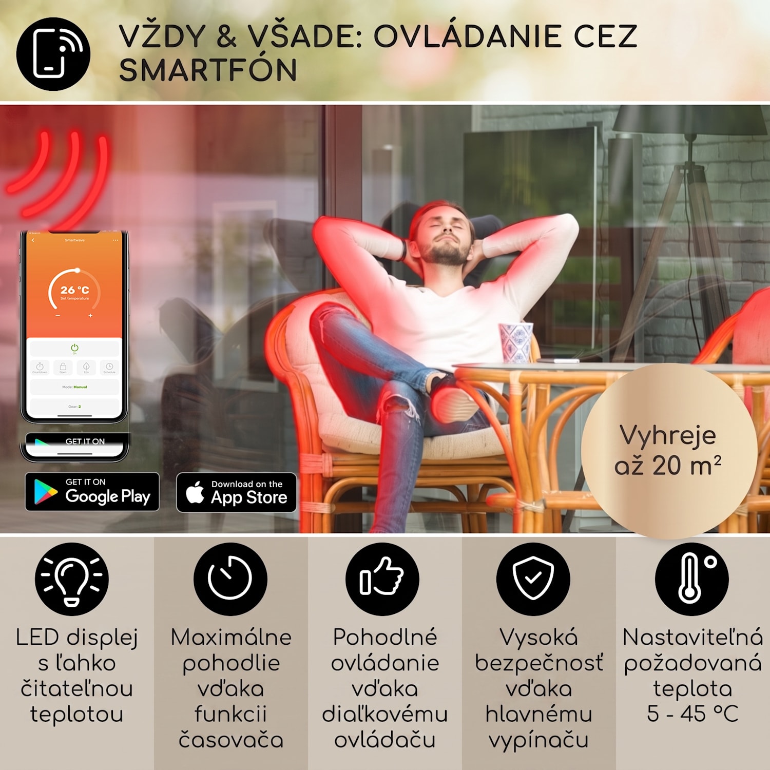 Smartwave, infračervený ohrievač, 2400 W, WiFi, ovládanie cez aplikáciu, čierny Čierna