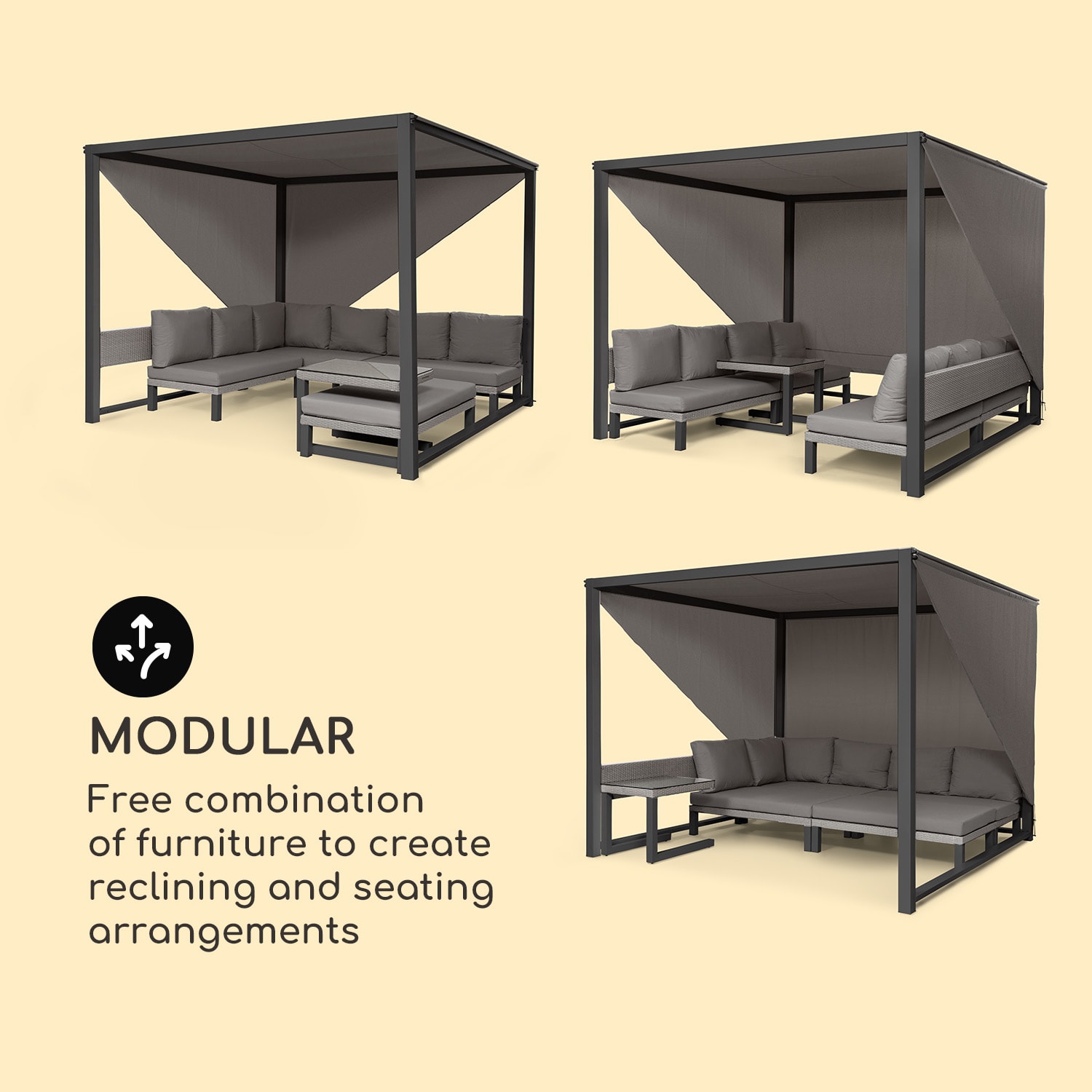 Havana, pavilon & Lounge-Set, 270x230x270cm, 4 duplaülés, szürke Sötét szürke