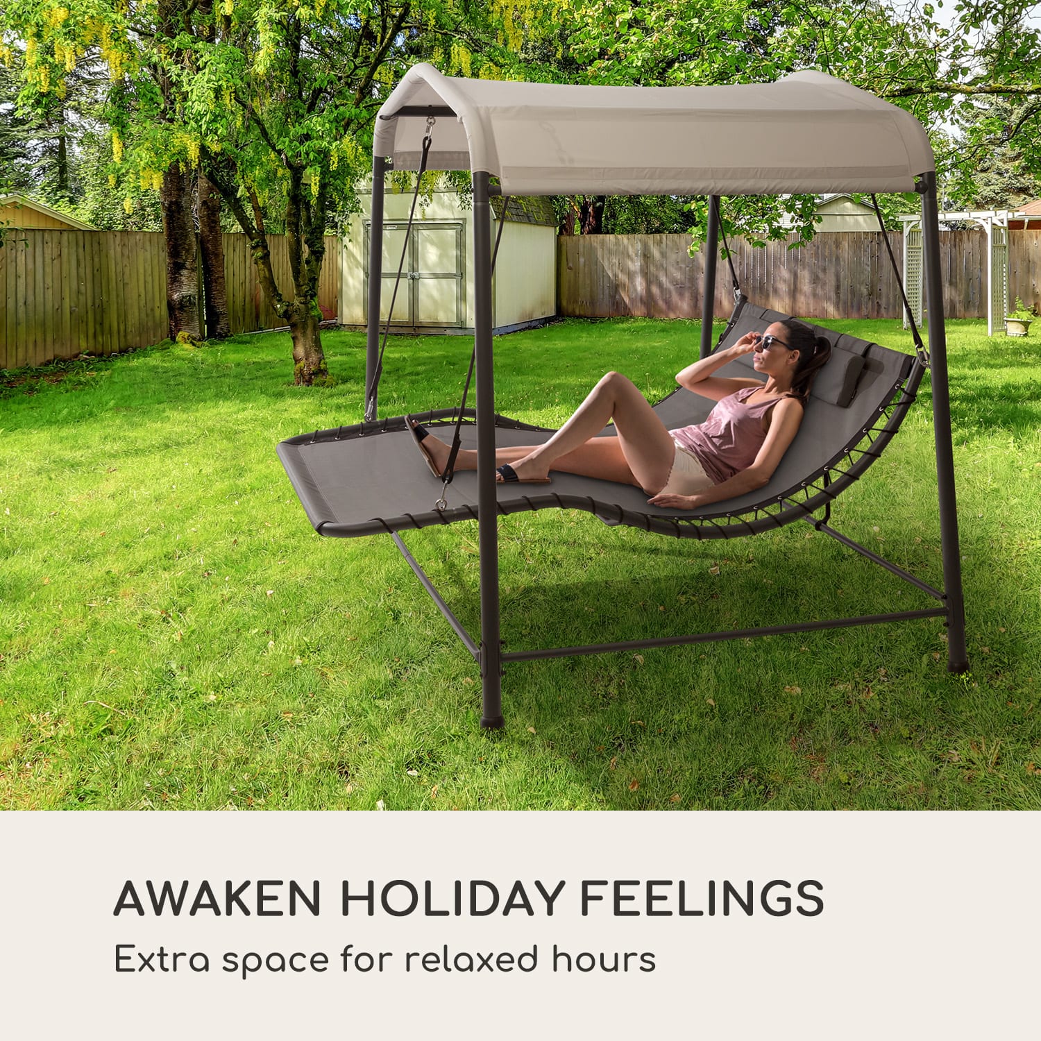 Palermo, șezlong balansoar dublu, independent, cadru din oțel, pernă, acoperiș, gri 