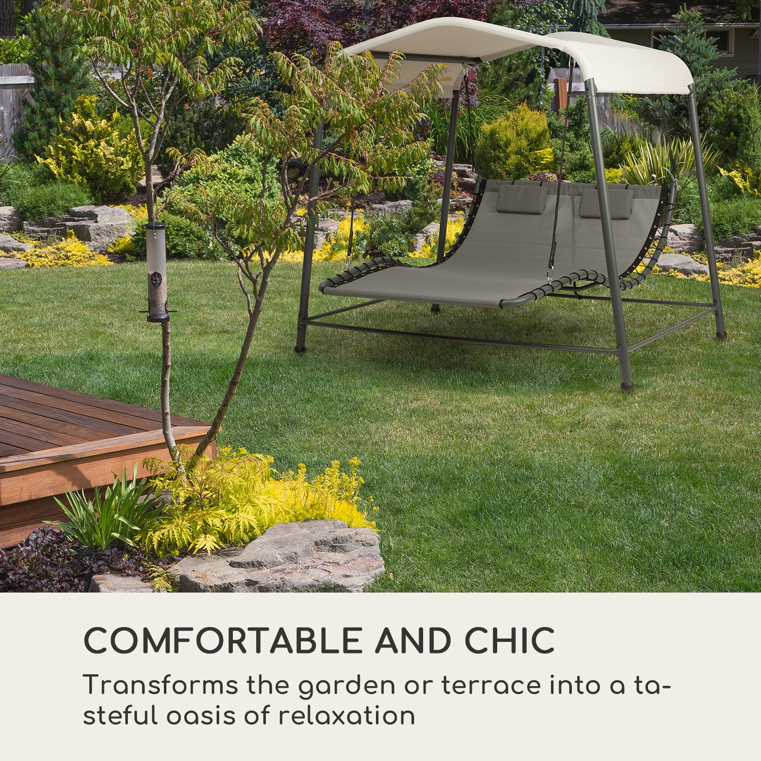 Palermo, șezlong balansoar dublu, independent, cadru din oțel, pernă, acoperiș, gri 