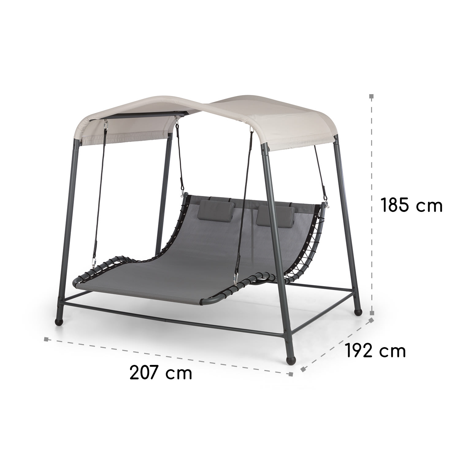 Palermo, șezlong balansoar dublu, independent, cadru din oțel, pernă, acoperiș, gri 