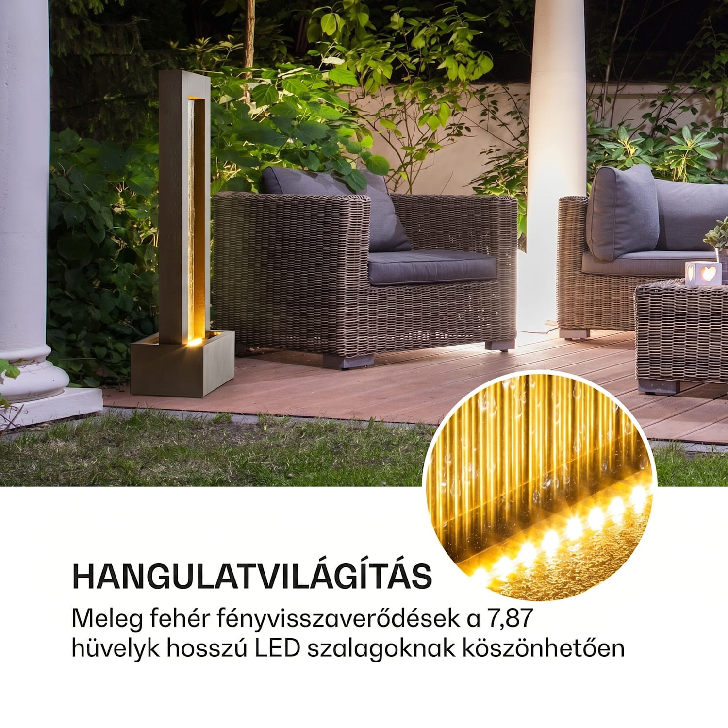 Skyriver, kerti szökőkút, szobaszökőkút, bentre és kintre is, LED, 10 m kábel 