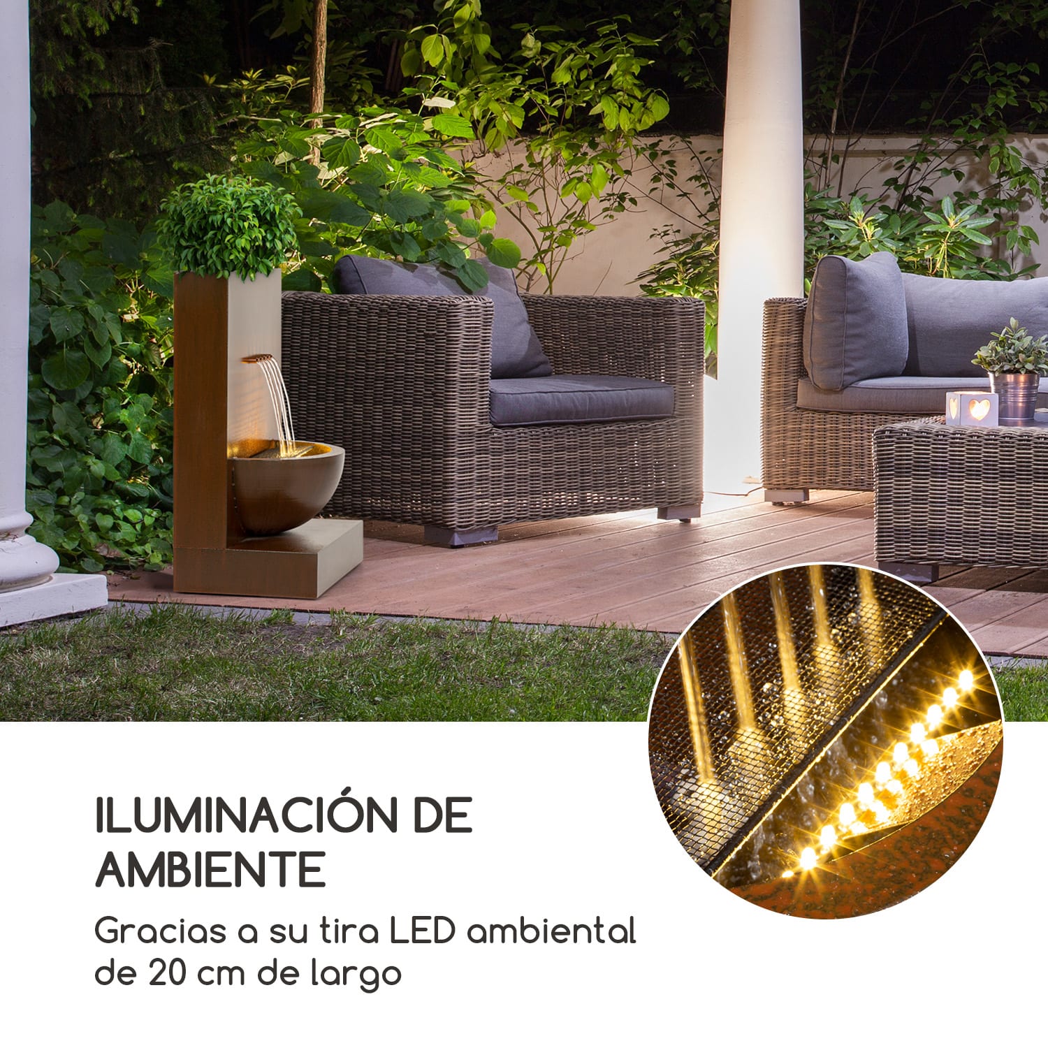 Windflower Fuente de jardín con macetero para plantas 11W metal galvanizado color marrón 