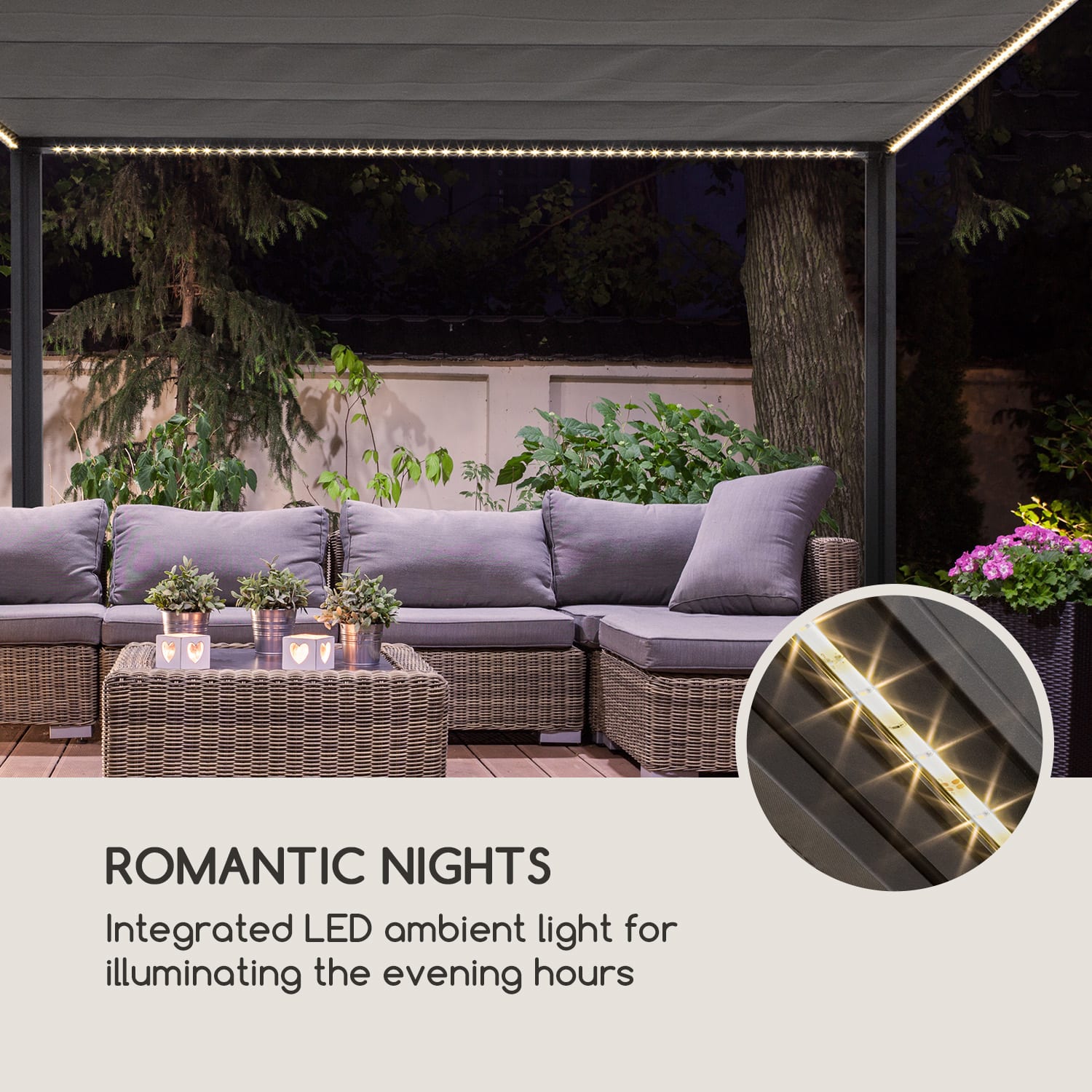 Pantheon RemoteShade Ambient, altán, motorizovaná střecha, LED světlo S LED světlem