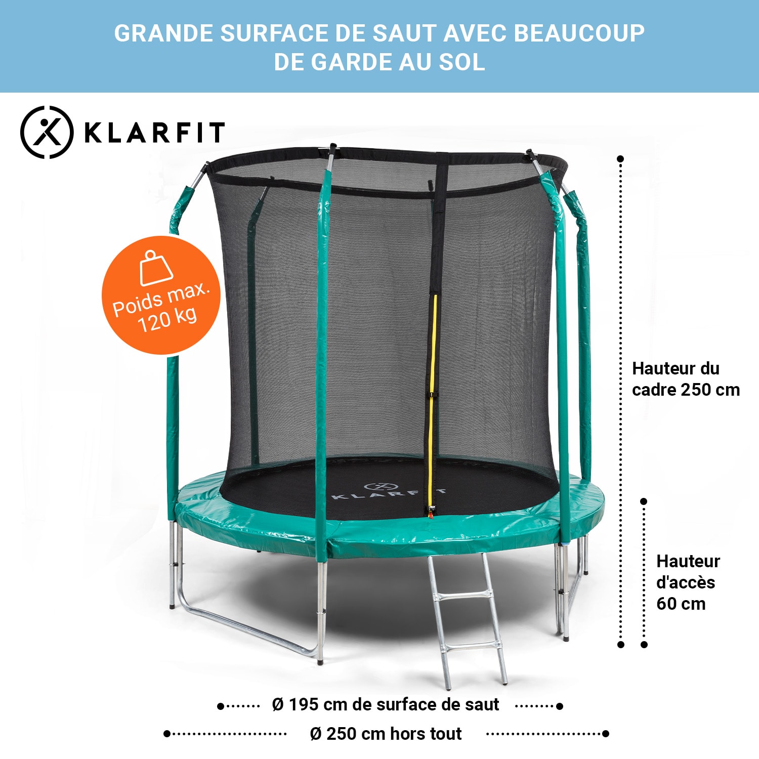 Trampoline Jumpstarter Filet Ø 2,5 m 120 kg Ø max. de la surface de saut 195 cm Turquoise