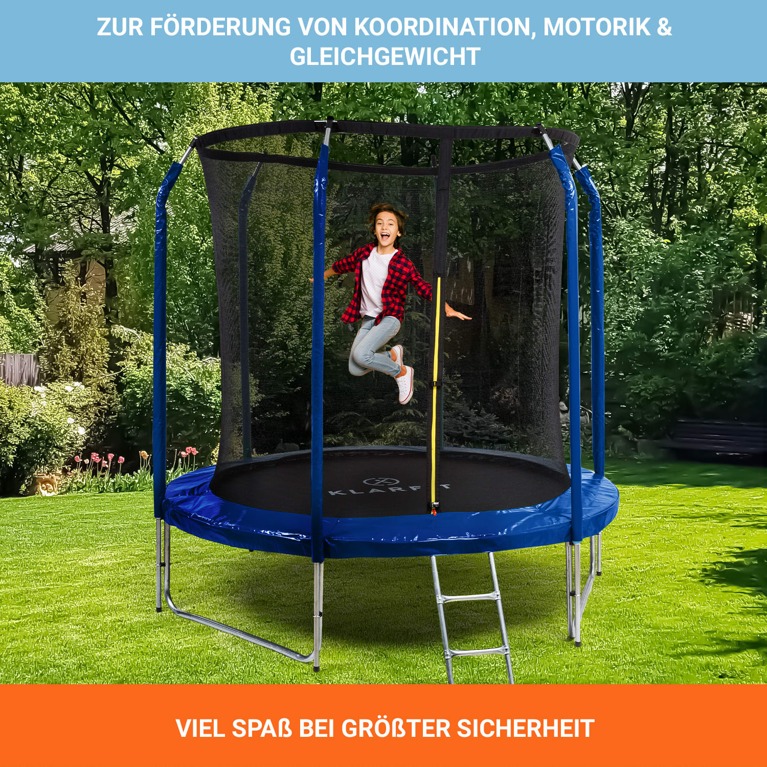 Jumpstarter Trampolin 2,5 m Ø Netz 120 kg max. 195 cm Ø Sprungfläche Neonblau