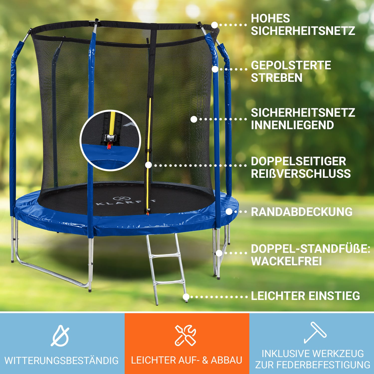 Jumpstarter Trampolin 2,5 m Ø Netz 120 kg max. 195 cm Ø Sprungfläche Neonblau