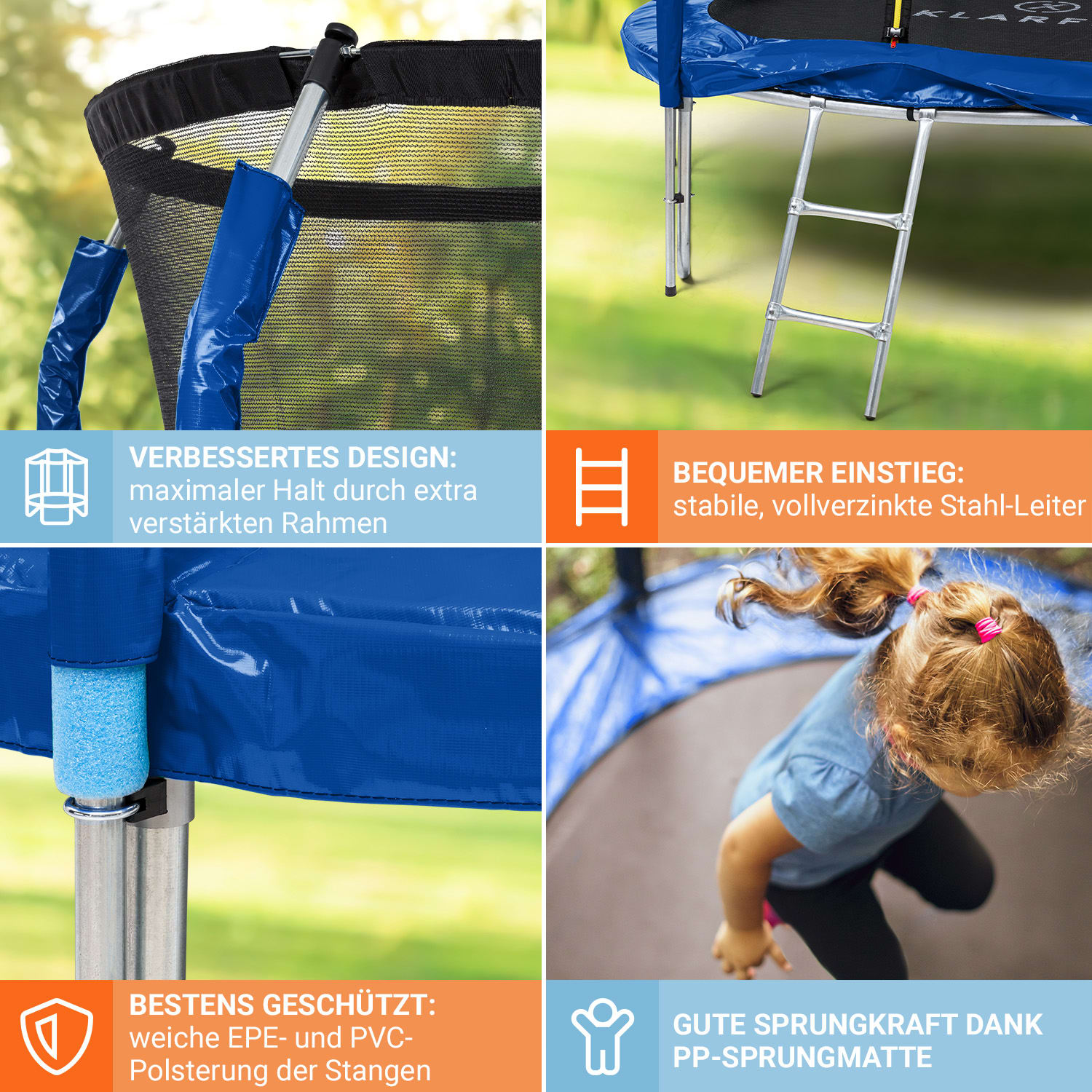Jumpstarter Trampolin 2,5 m Ø Netz 120 kg max. 195 cm Ø Sprungfläche Neonblau