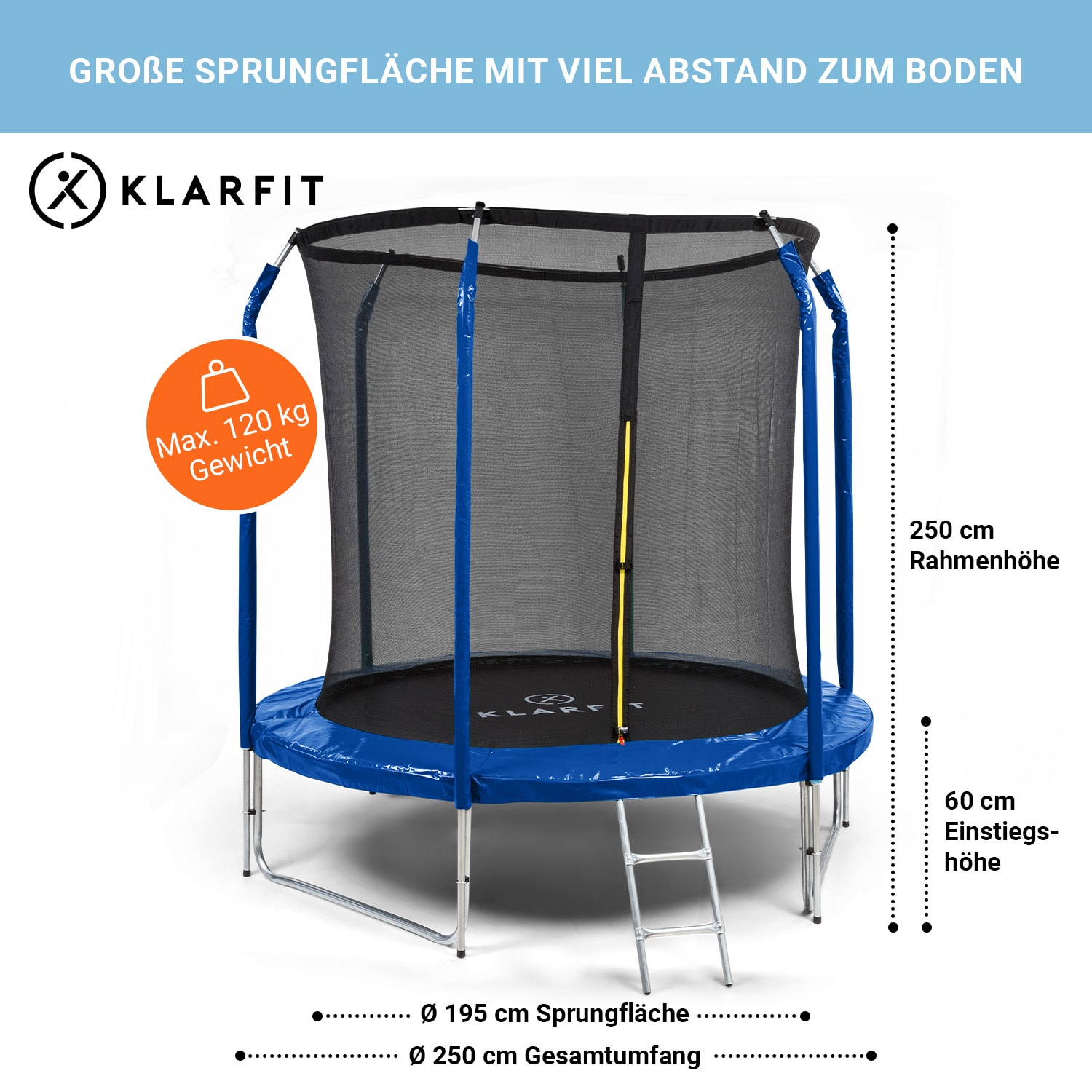 Jumpstarter Trampolin 2,5 m Ø Netz 120 kg max. 195 cm Ø Sprungfläche Neonblau