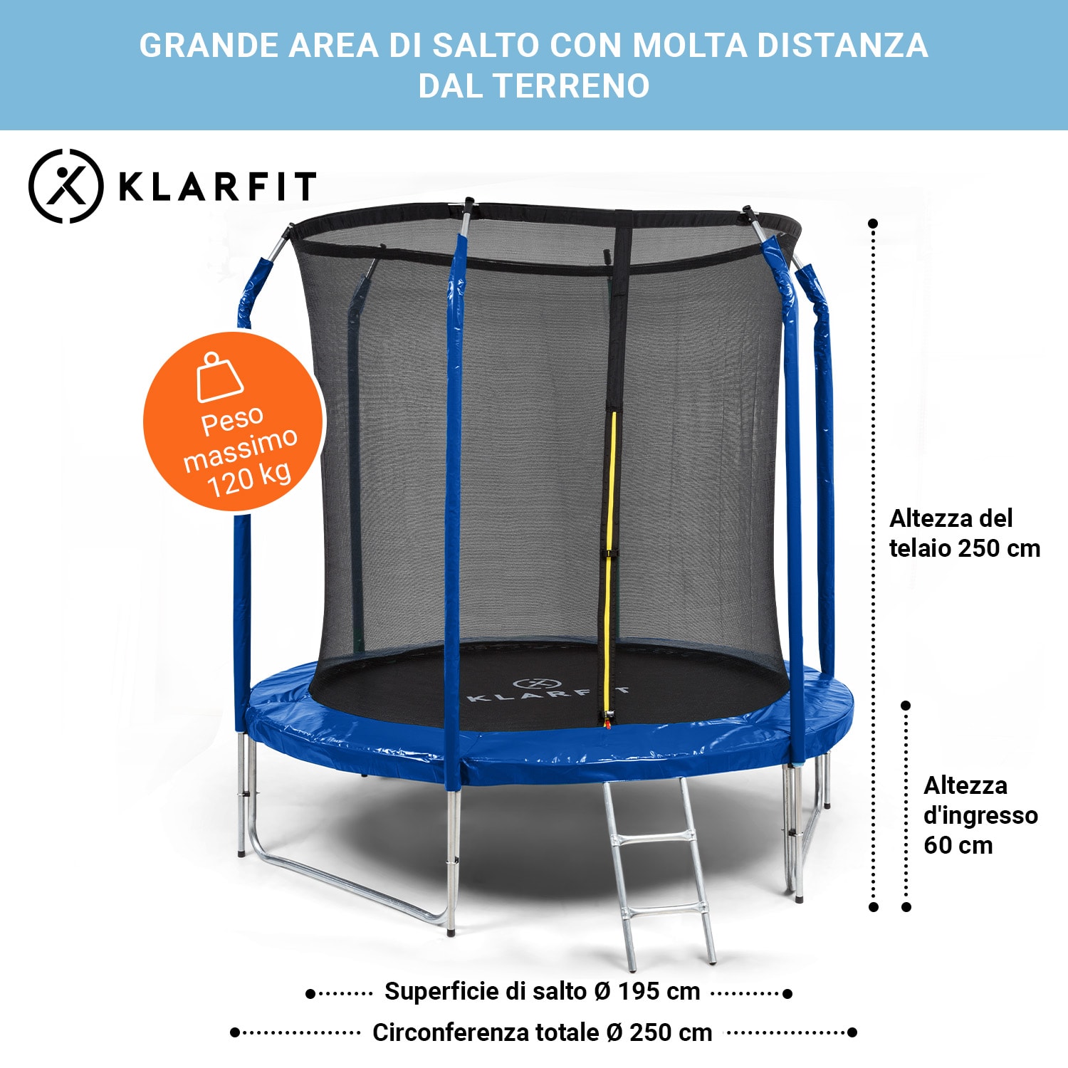 Trampolino Jumpstarter 2,5 m Ø rete 120 kg max. 195 cm Ø superficie di salto Azul Elétrico