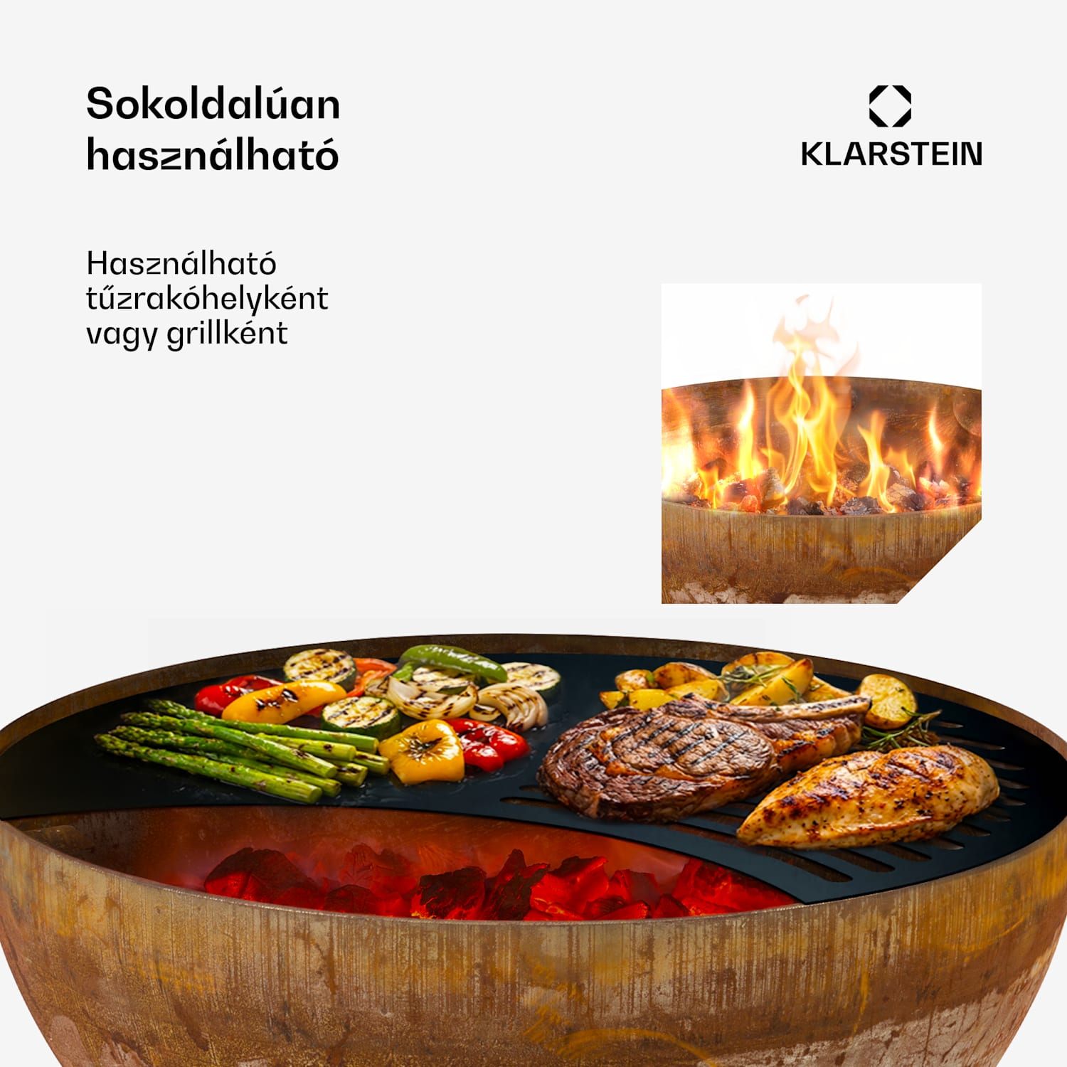 Savage, tűzrakóhely grillel, Ø 60,5 cm, acél, védőfedél, rozsdás hatás alacsony | Rozsda