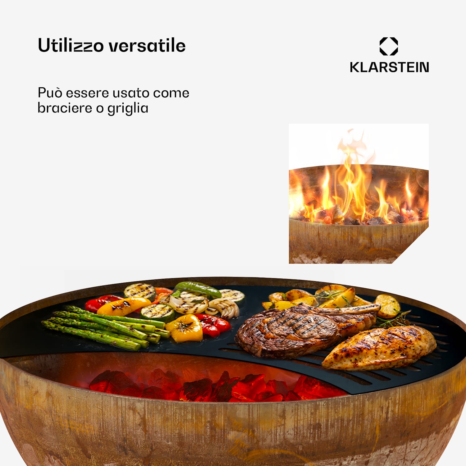 Savage - Braciere con griglia, Ø: 60,5 cm, acciaio, incl. copertura di protezione dalle intemperie, ruggine 