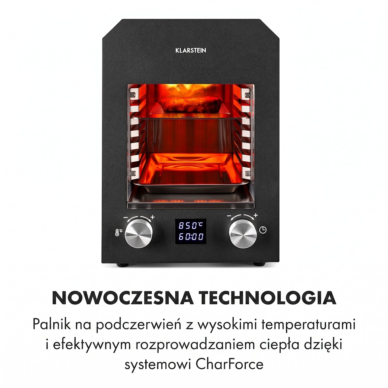 Hannibal, grill wysokotemperaturowy, 2200 W, 850°C, do użytku wewnętrznego, stal nierdzewna, czarny Czarny