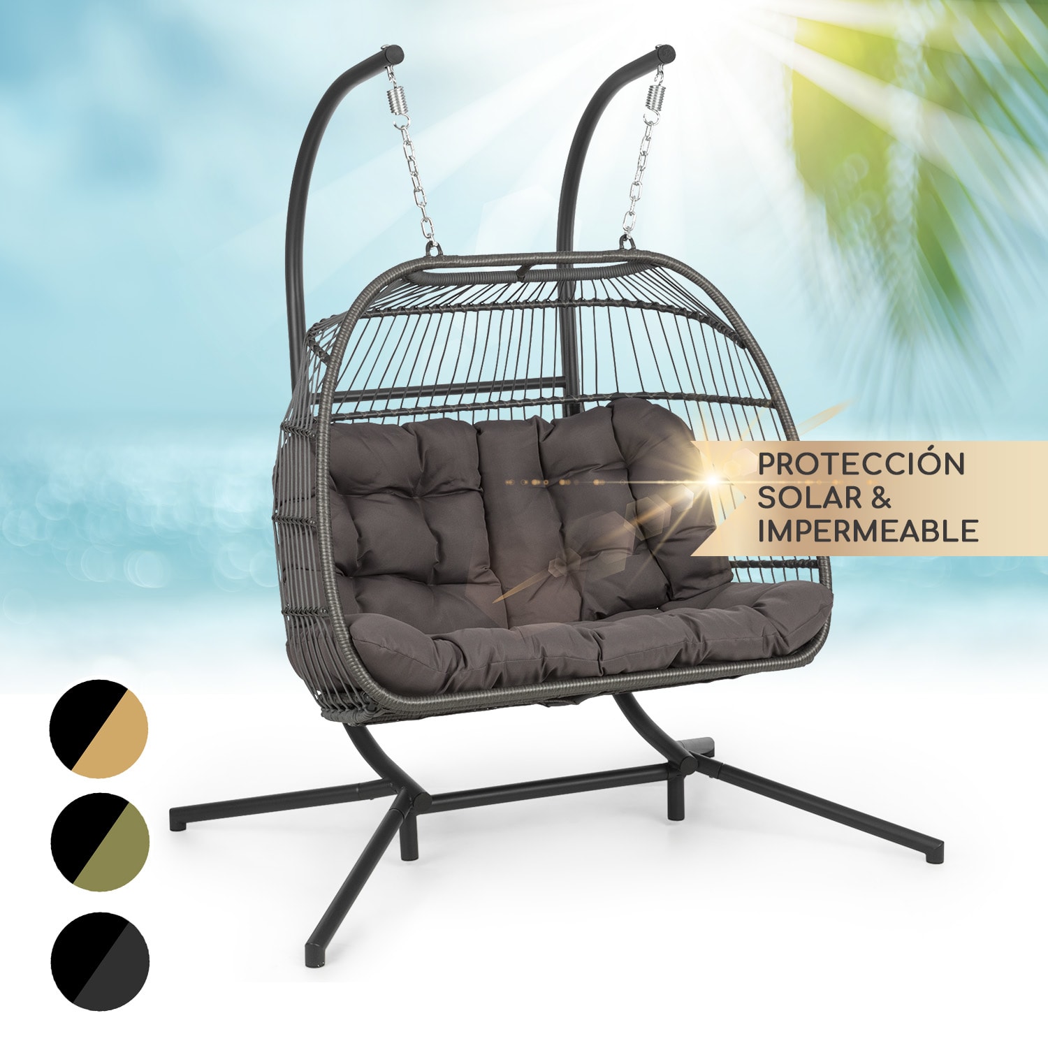 Biarritz Silla Colgante Doble Asiento de dos plazas Cojín de poliéster Aluminio Polyrattan 260 kg Dos plazas | Gris Oscuro