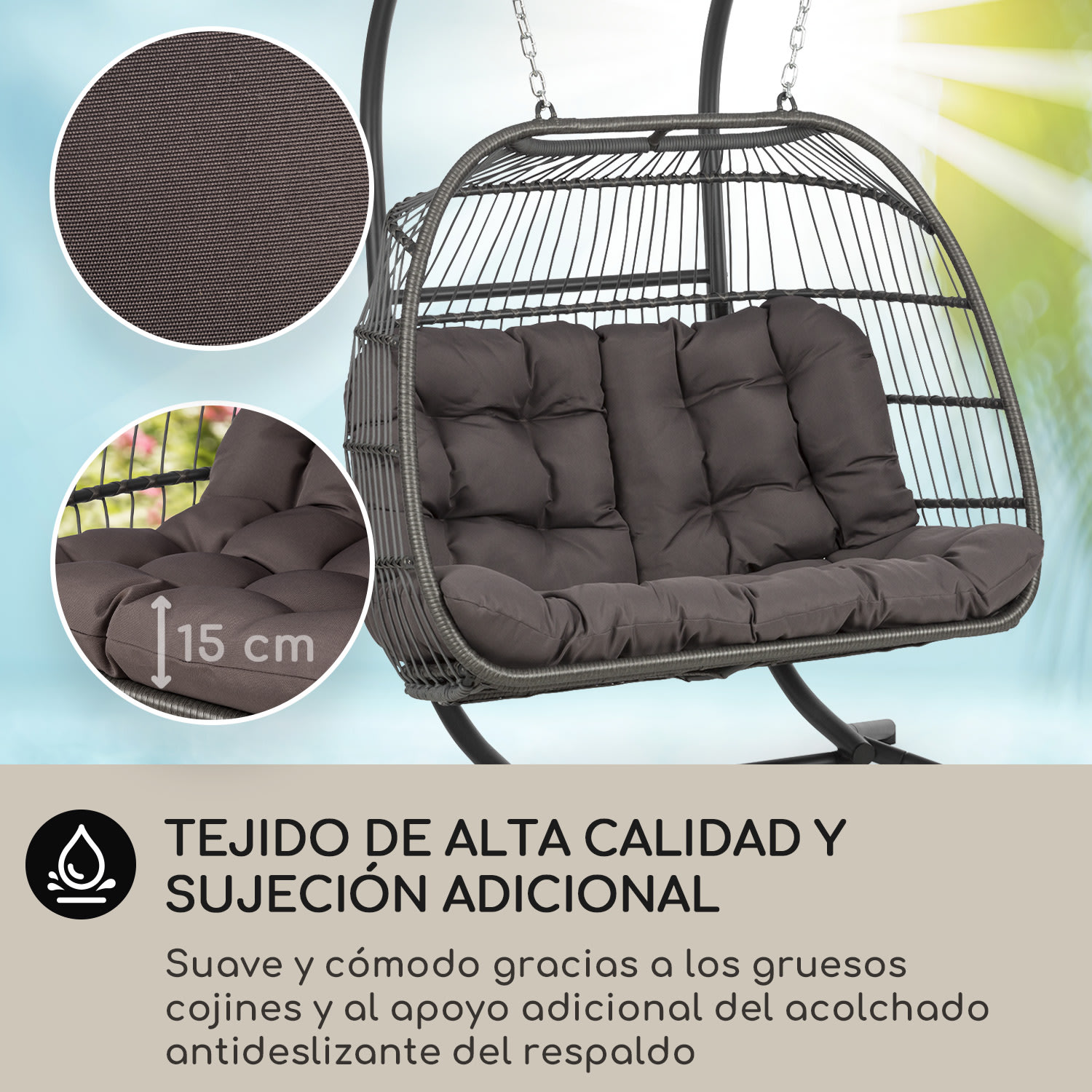 Biarritz Silla Colgante Doble Asiento de dos plazas Cojín de poliéster Aluminio Polyrattan 260 kg Dos plazas | Gris Oscuro