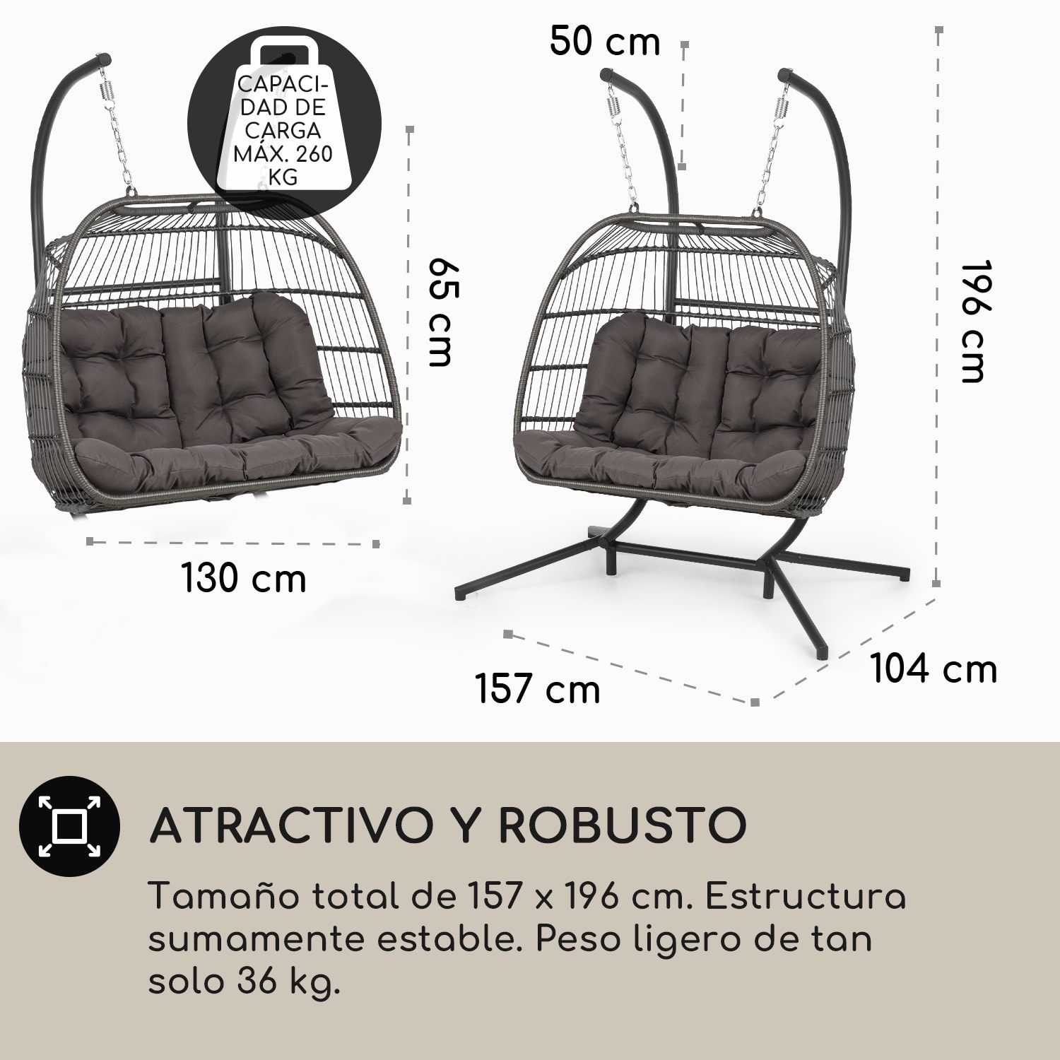 Biarritz Silla Colgante Doble Asiento de dos plazas Cojín de poliéster Aluminio Polyrattan 260 kg Dos plazas | Gris Oscuro