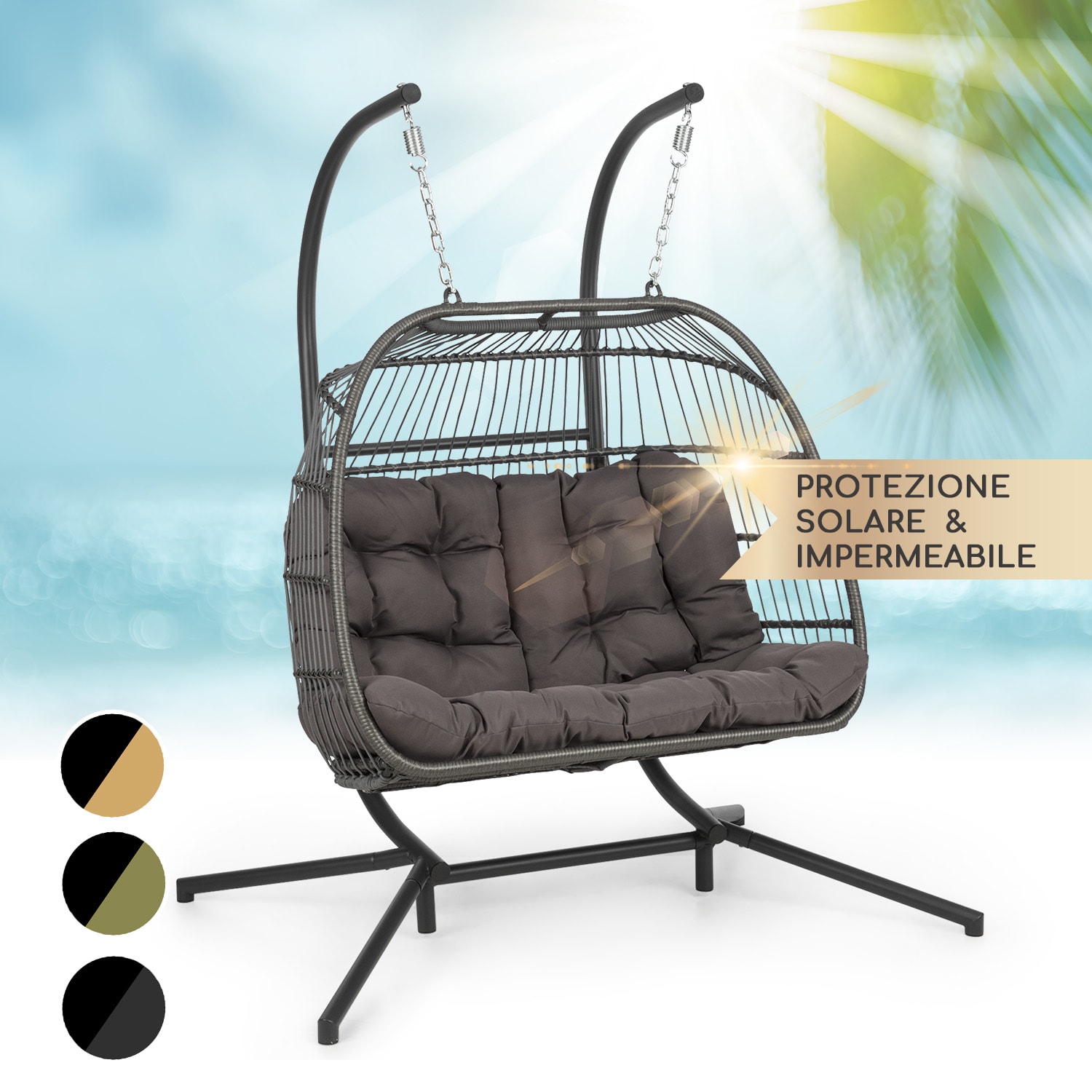 Biarritz Double - Poltrona sospesa a due posti, cuscino di seduta, poliestere, alluminio, polyrattan, 260 kg A due posti | Grigio scuro