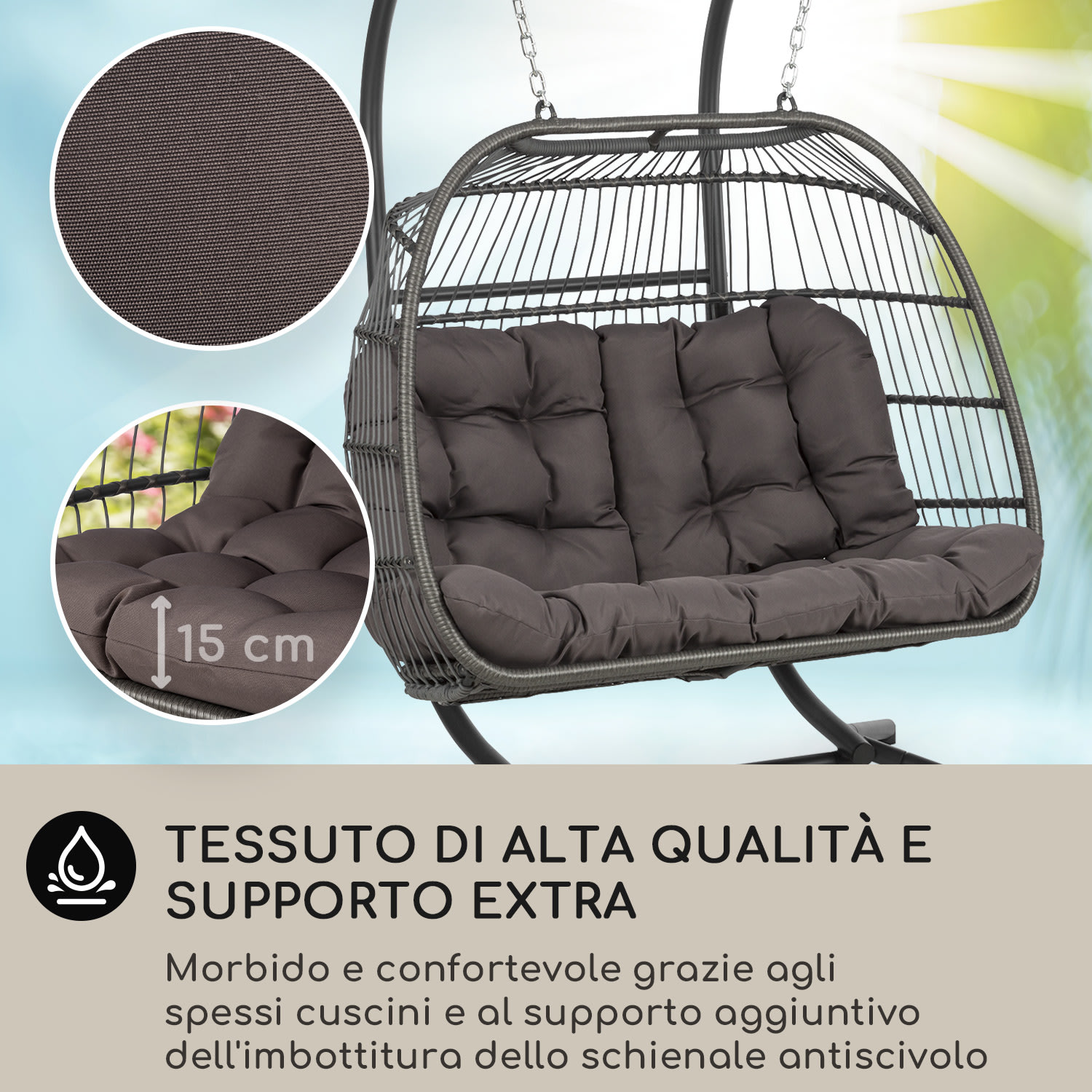 Biarritz Double - Poltrona sospesa a due posti, cuscino di seduta, poliestere, alluminio, polyrattan, 260 kg A due posti | Grigio scuro