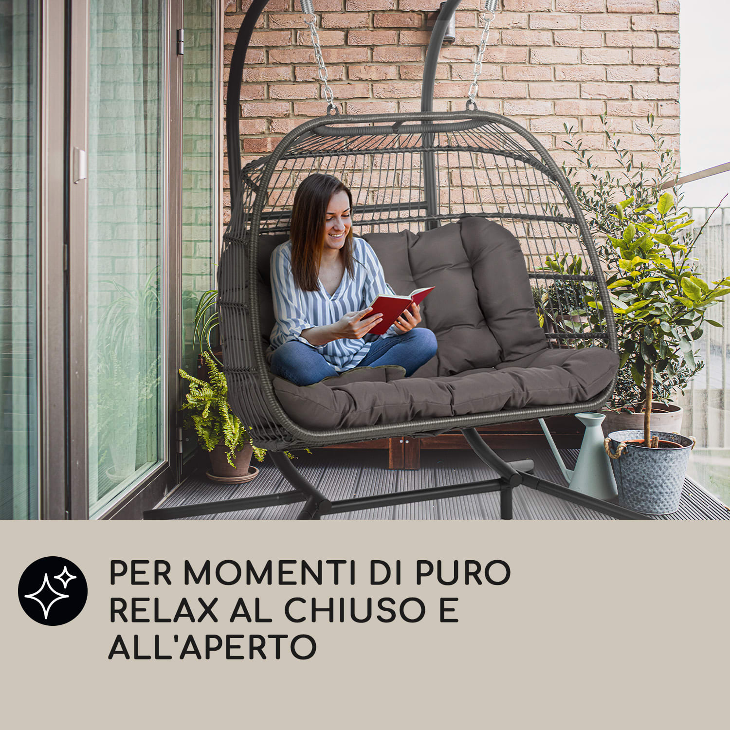 Biarritz Double - Poltrona sospesa a due posti, cuscino di seduta, poliestere, alluminio, polyrattan, 260 kg A due posti | Grigio scuro