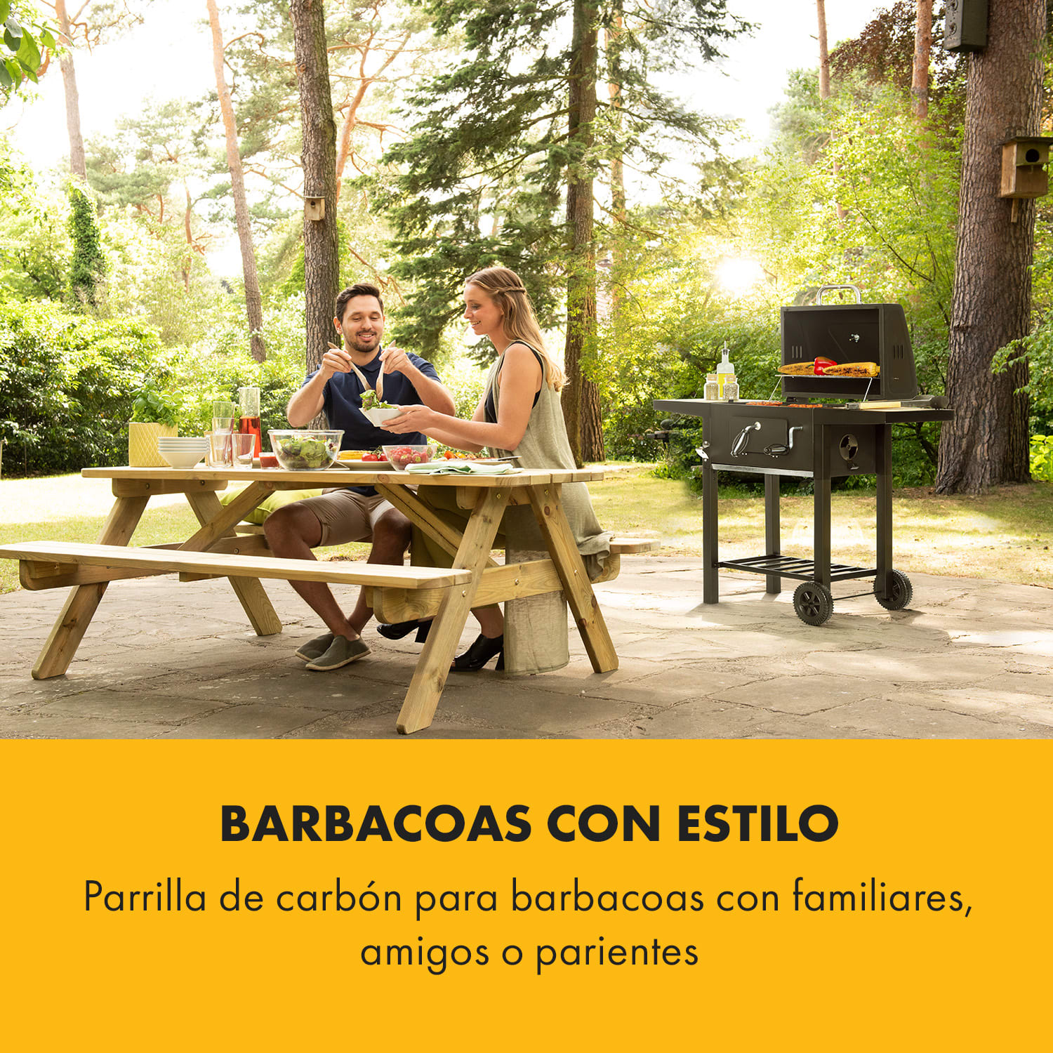 Meat Machine Barbacoa de carbón vegetal de 45x32,5 cm con termómetro y ruedas Negra 