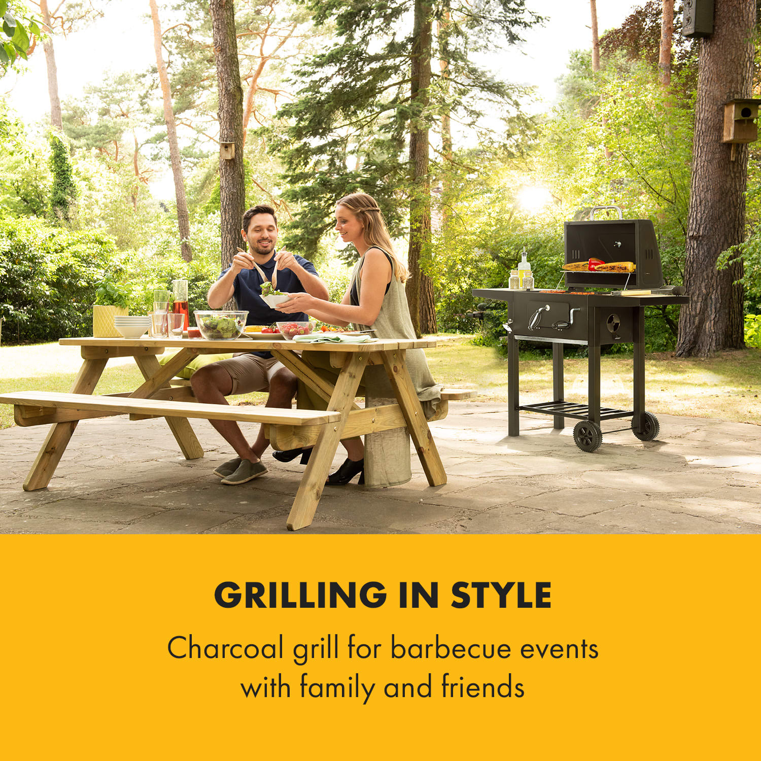 Meat Machine, roštilj na drveni ugljen, 45 x 32,5 cm, termometar, kotači, crni 