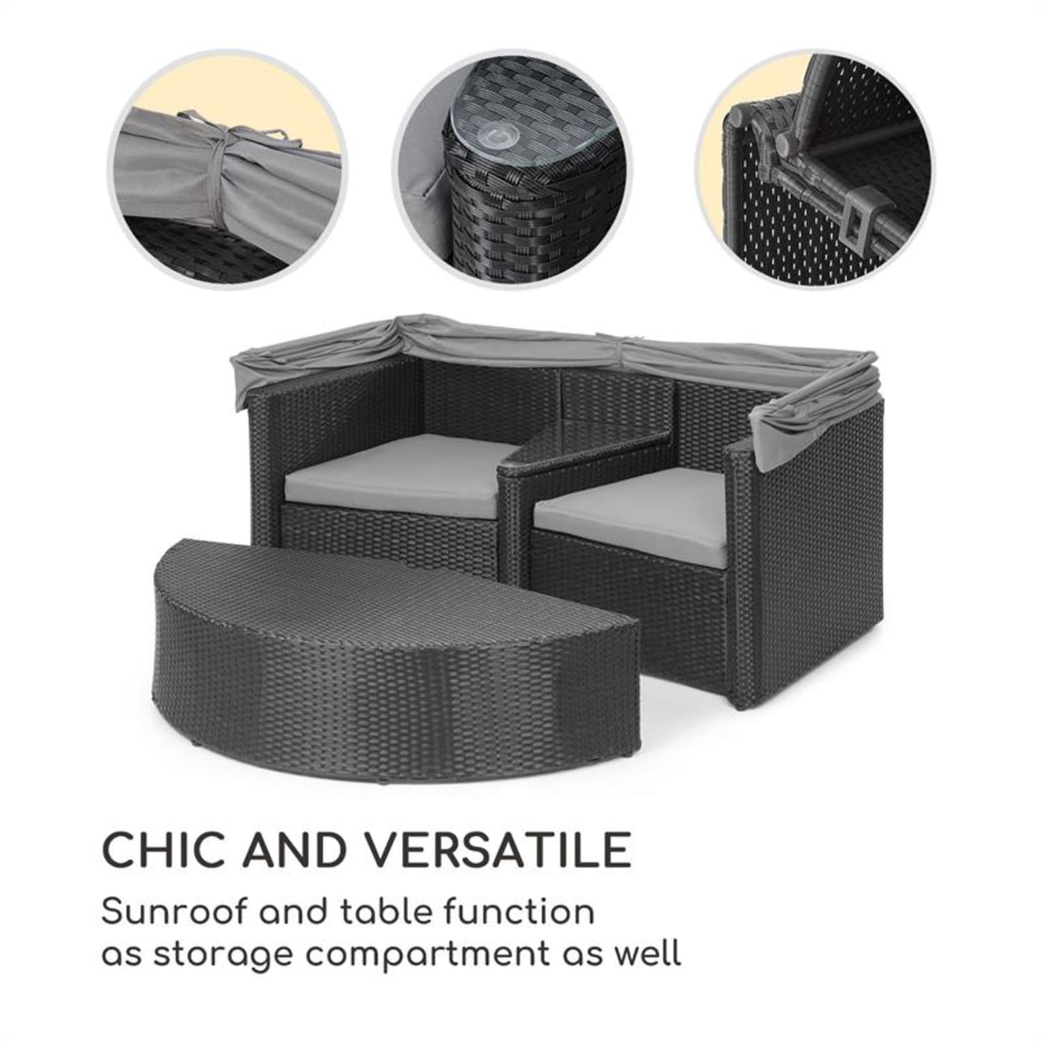 Heartland Sofá lounge de 2 plazas con mesa taburete sombrilla de color gris