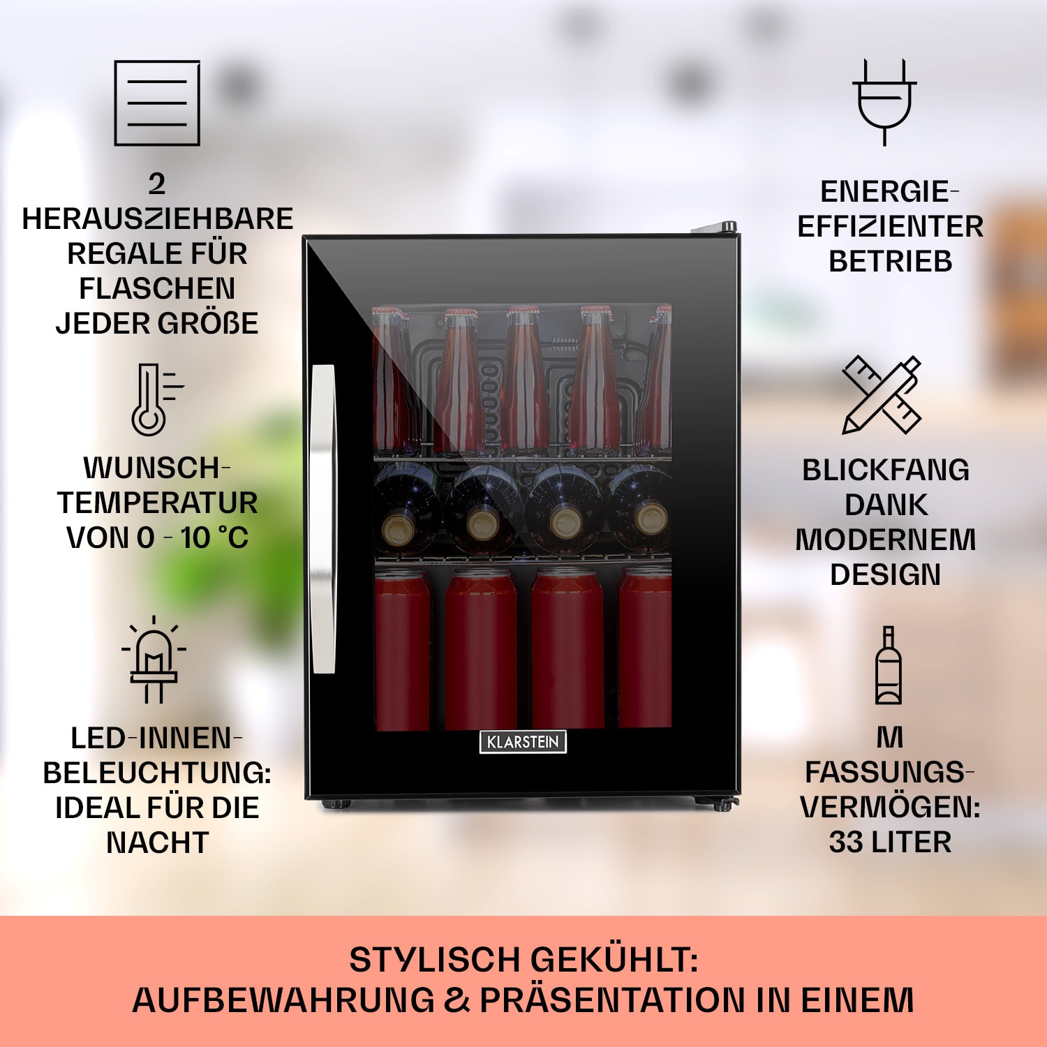 Beersafe M Onyx Kühlschrank 33 Liter 2 Böden Panoramaglastür 33 L | Schwarz