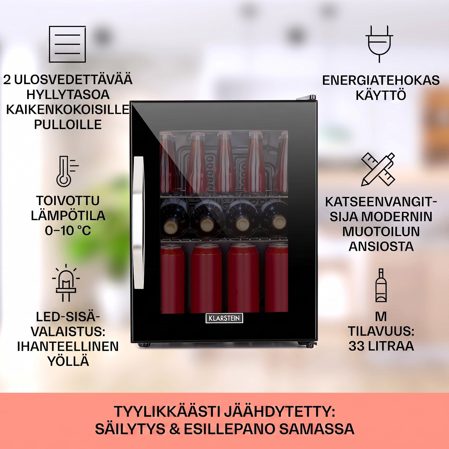 Beersafe M Onyx jääkaappi 33 litraa 2 hyllyä panoraamalasiovi 33 L | Musta