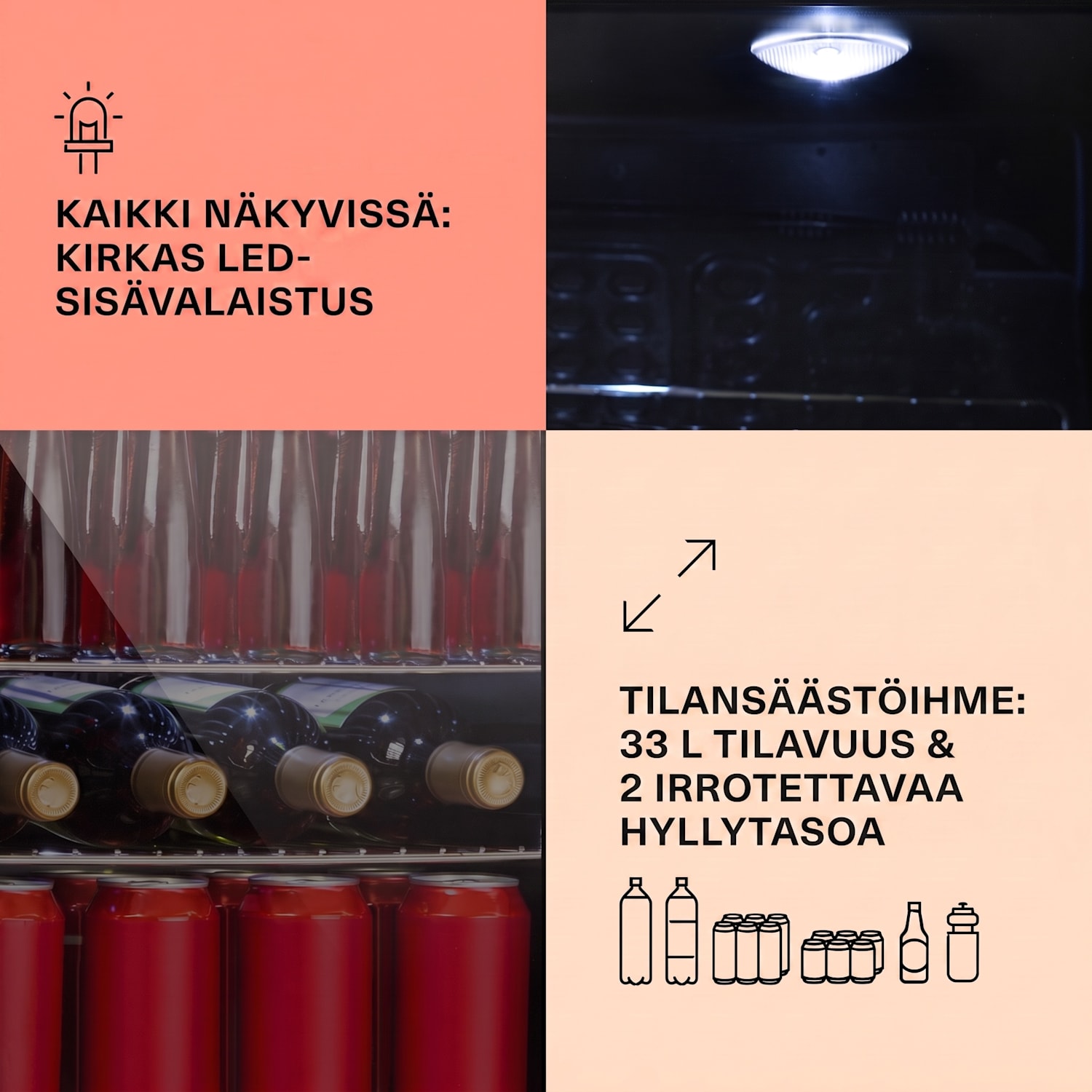 Beersafe M Onyx jääkaappi 33 litraa 2 hyllyä panoraamalasiovi 33 L | Musta
